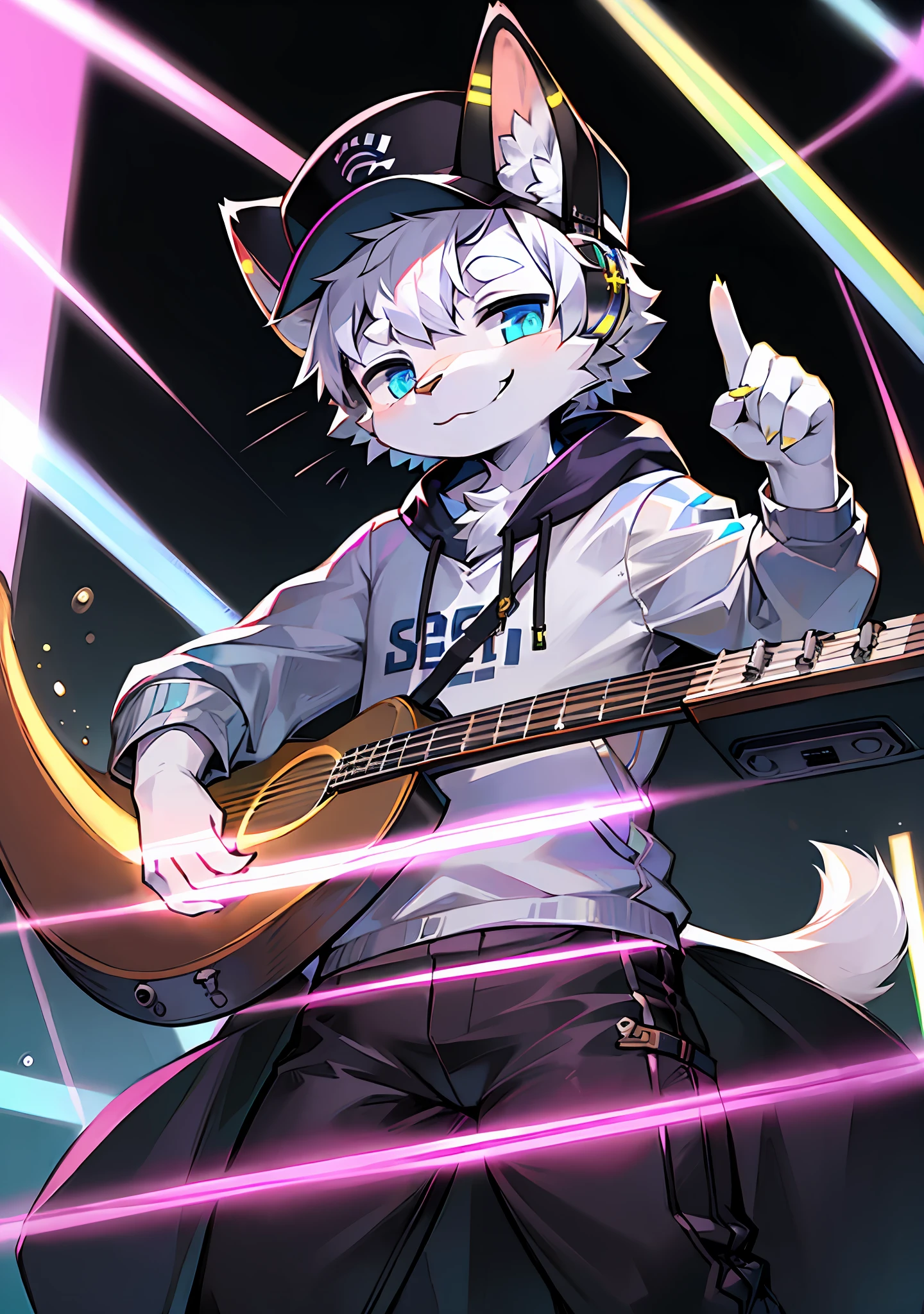 masterpiece, intricate details, anthro, silver furry, (cub), (whiskers), solo child boy, neon clothes, (wearing headphones:1.2), smile, (DJ), 1boy, animal_ears, furry, glowing, hat, headphones_around_neck, headset, instrument, solo, white_fur, DJ instrument, Keep your hand on the instrument, 8 year old boy, Silver-white top, Playing instruments