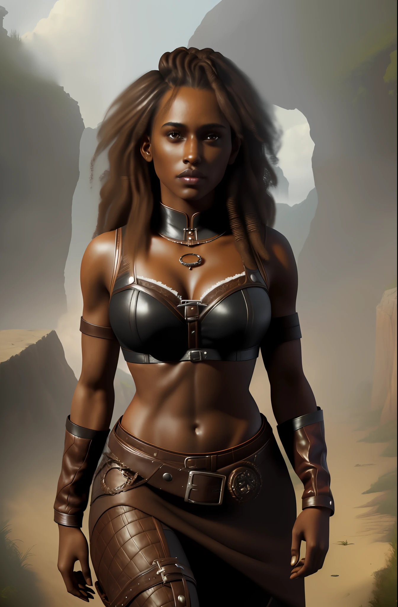 (best quality, masterpiece:1.2), A woman with brown skin, dark skin, portrait, bra, outdoors
breasts showing, leather clothing, curly hair with locks, surrealism, realistic, high detail, 8k