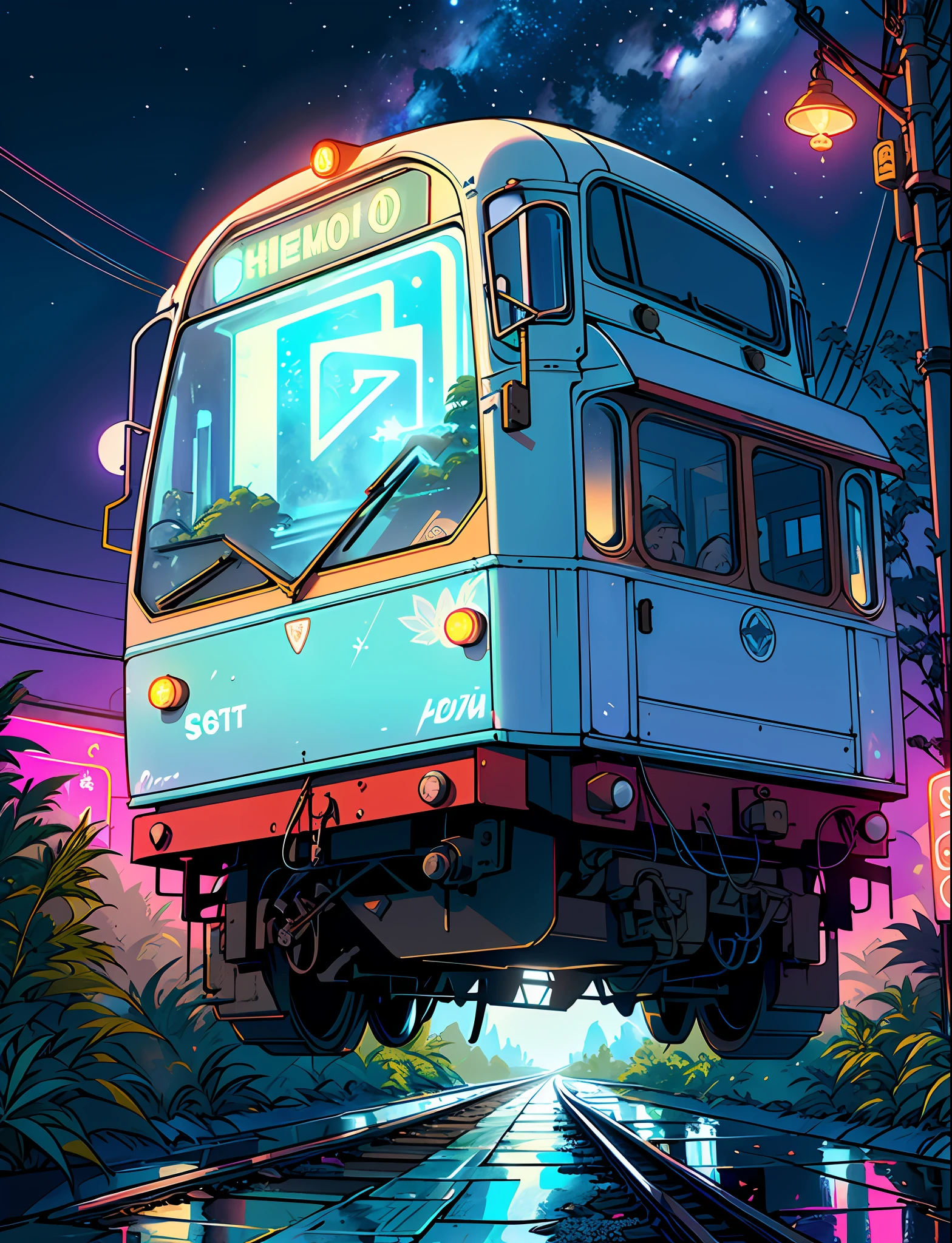 A steep chic train on a wet road. ,neon lights, neon galaxies, huge crystal moon, starry sky,,, in love Hemp, leaf, ?????????, ????????, ((illustration)), colorful, wallpaper, energy, secret, magical environment, omniscience, prediction of the future, understanding the past, frost magic, --v 6