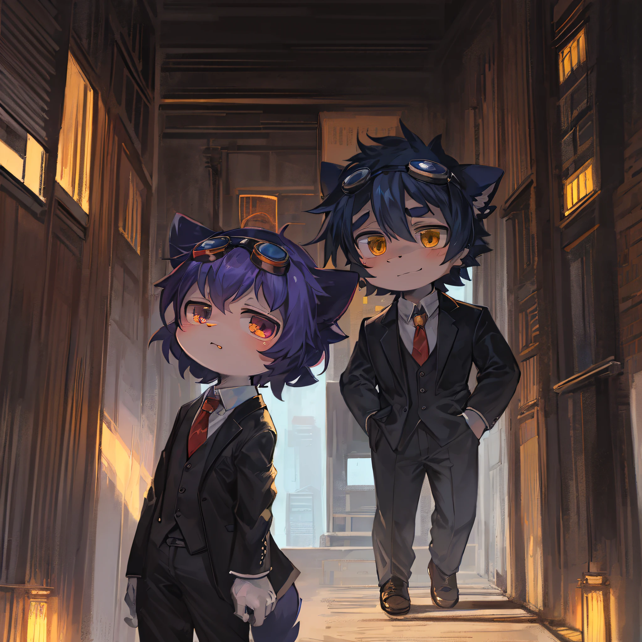 cartoon image of a cat wearing a suit and tie with a pair of goggles on, a character portrait inspired by Niko Henrichon, pixiv, mingei, varguyart style, chibi, in an anime style, he is wearing a suit, in anime style, sfw, discord pfp, flat anime style shading, anya from spy x family