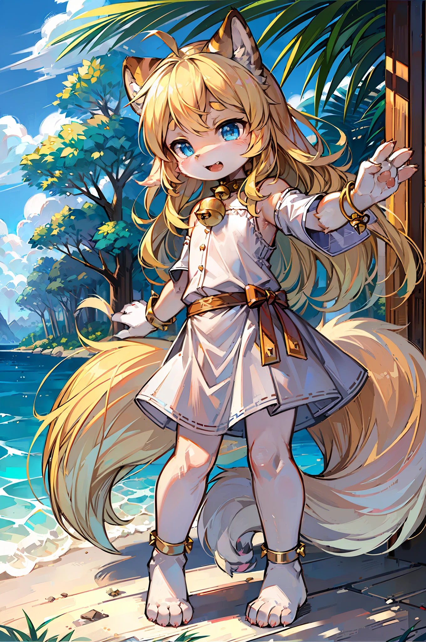 seaside, beach, medium long hair, blonde, ahoge, bell collar, full body, child, furry, cat ears, open mouth, with cat teeth, tiger teeth, clouds, sky, sky, sun, in summer, no spots, cubs, yellow hair everywhere, yellow fur everywhere, cat ears, cat type, fluffy big tail, masterpiece, high quality portrait, humanoid, cub, lone child girl, wind, pose, full shot, white floral little skirt, white floral footband, super cute face, hands, flesh pad, layered, Furry, full body furry, full body like, super cute cat feet, face furry, face hairy, fox face, cute face, super cute cat palm, furry snow-white cat palm, flesh pad, toe pad, graceful palm, no shoes, furry legs, light blue eyes, children, with cat beard, furry hands, fingers with distinct roots, small lace bracelet