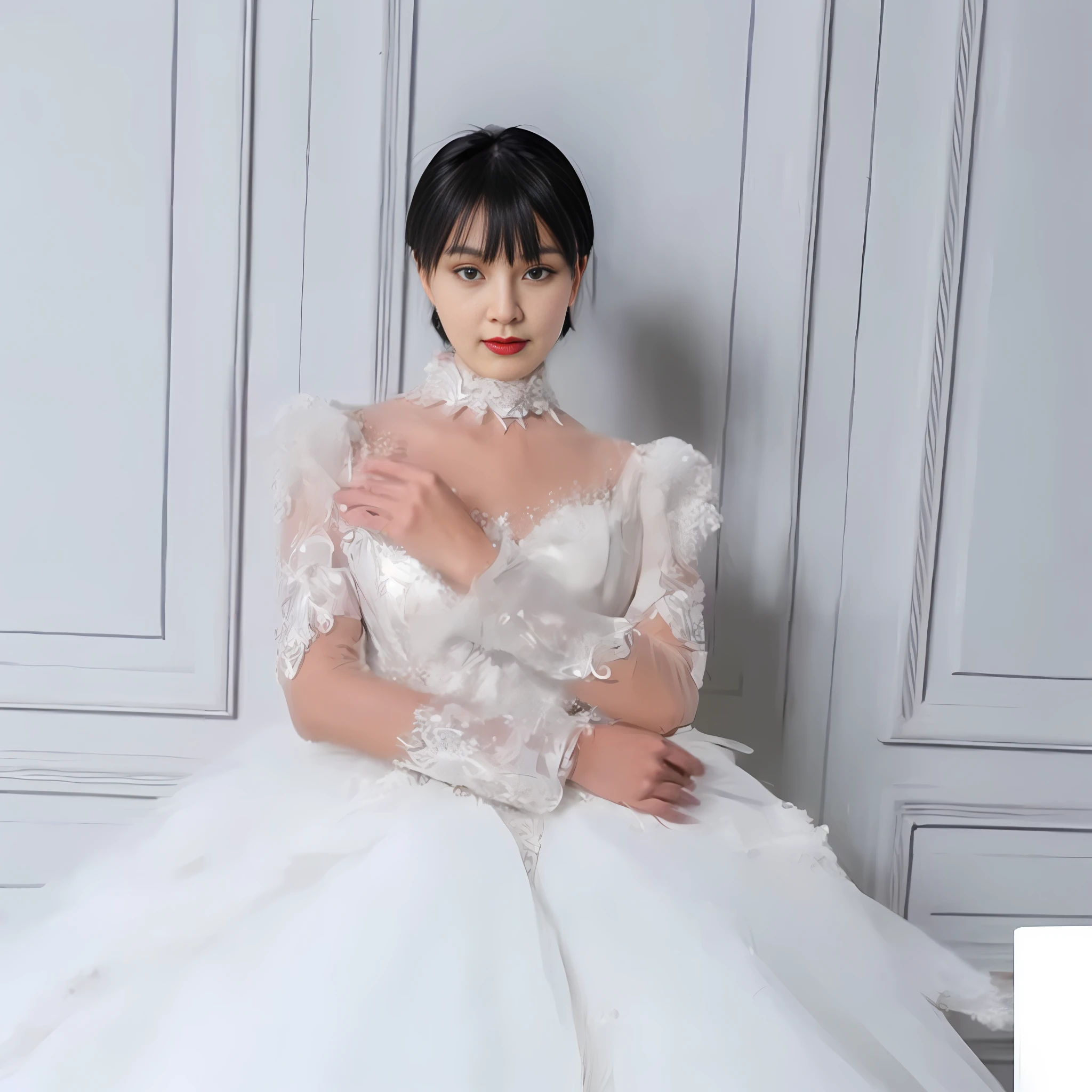 a woman in a white wedding dress sitting on a chair, fantasy long intricate gown, royal elegant pose, white regal gown, white gown, white royal dress, grand!, full body xianxia, long luxurious intricate gown, fantasy!!!, inspired by Huang Ji, 🤬 🤮 💕 🎀, wearing organza gown, inspired by Tang Yifen