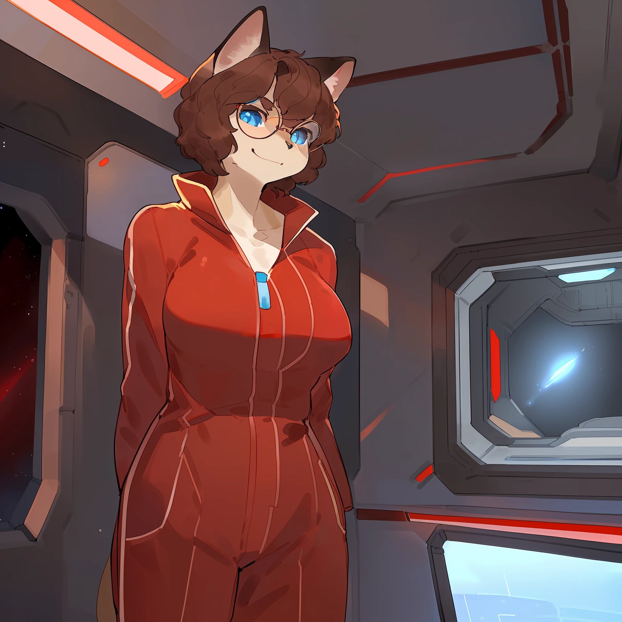 Solo, female, big breasts, abs, muscular, smirking, (((blue eyes, detailed eyes, siamese, domestic cat, detailed hands, red rectangle glasses, brown hair, short hair, wavy hair))), red jumpsuit, red spacesuit, spaceship, space, window, by bebebebebe, by buta99, standing