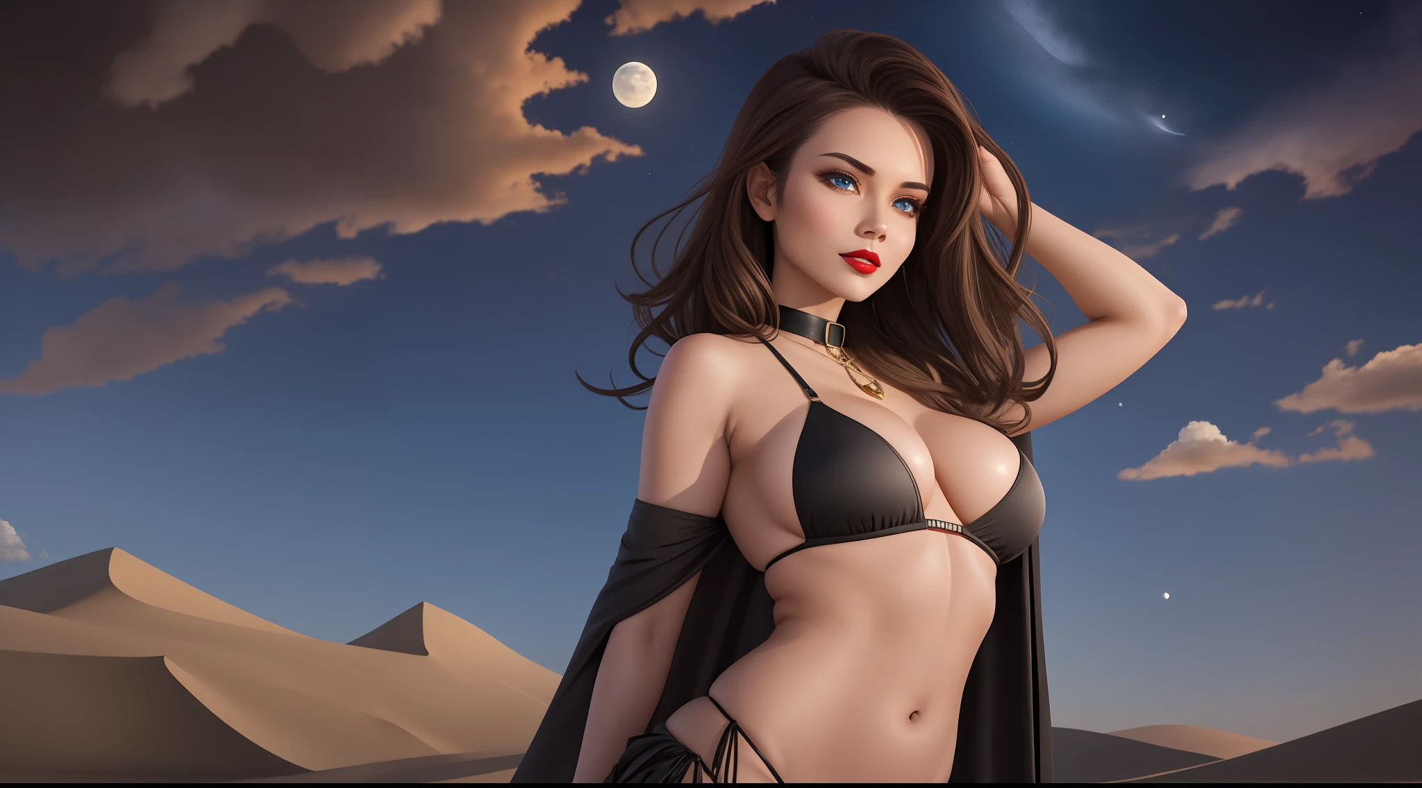 1 girl, ig model, looking far away, hand in her hair, wearing a cape, lewd face, sexy, cleavage, brown hair, brunette, blue eyes, red lips, collar, black bikini, black skirt, black panties, black bra, thigh highs, arm band, armpits, large breasts, wide hips, thick thighs, muscles, abs, no teeth, beautiful face, realistic, ray traced, beautiful eyes, red lipstick, desert, sand, night, stars, moon, clouds