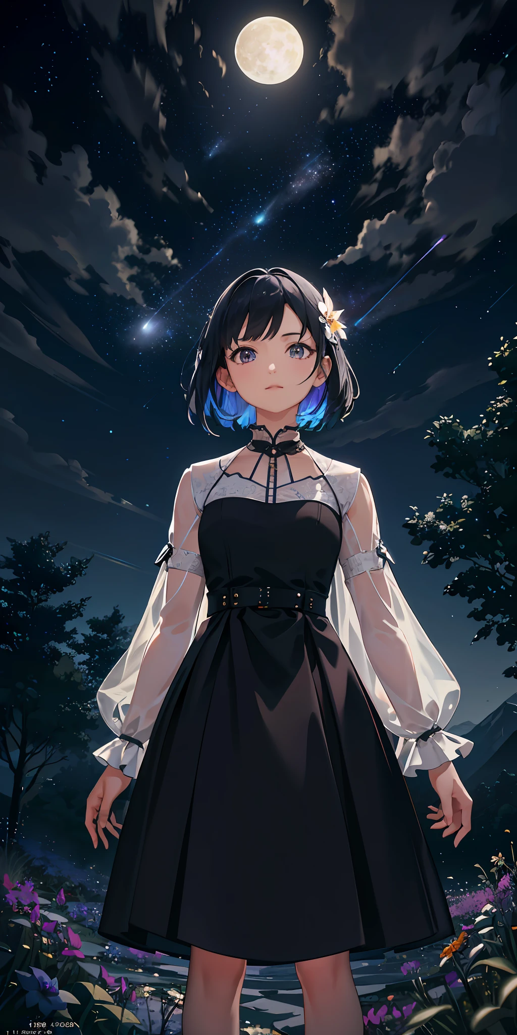 Expansive landscape photograph, (view from below with a view of the sky and wilderness below), standing in a flower field looking up, (full moon: 1.2), (shooting star: 0.9), (nebula: 1.3), distant mountain, tree break production art, (warm light source: 1.2), (firefly: 1.2), lamp, purple and orange, intricate detail, volume lighting, realism break (masterpiece: 1.2) (Best Quality), 4K, Ultra-Detailed, (Dynamic Configuration: 1.4), Highly Detailed and Colorful Details, (Iridescent Colors: 1.2), (Glowing Lighting, Atmospheric Lighting), Dreamy, Magical, (Solo: 1.2)