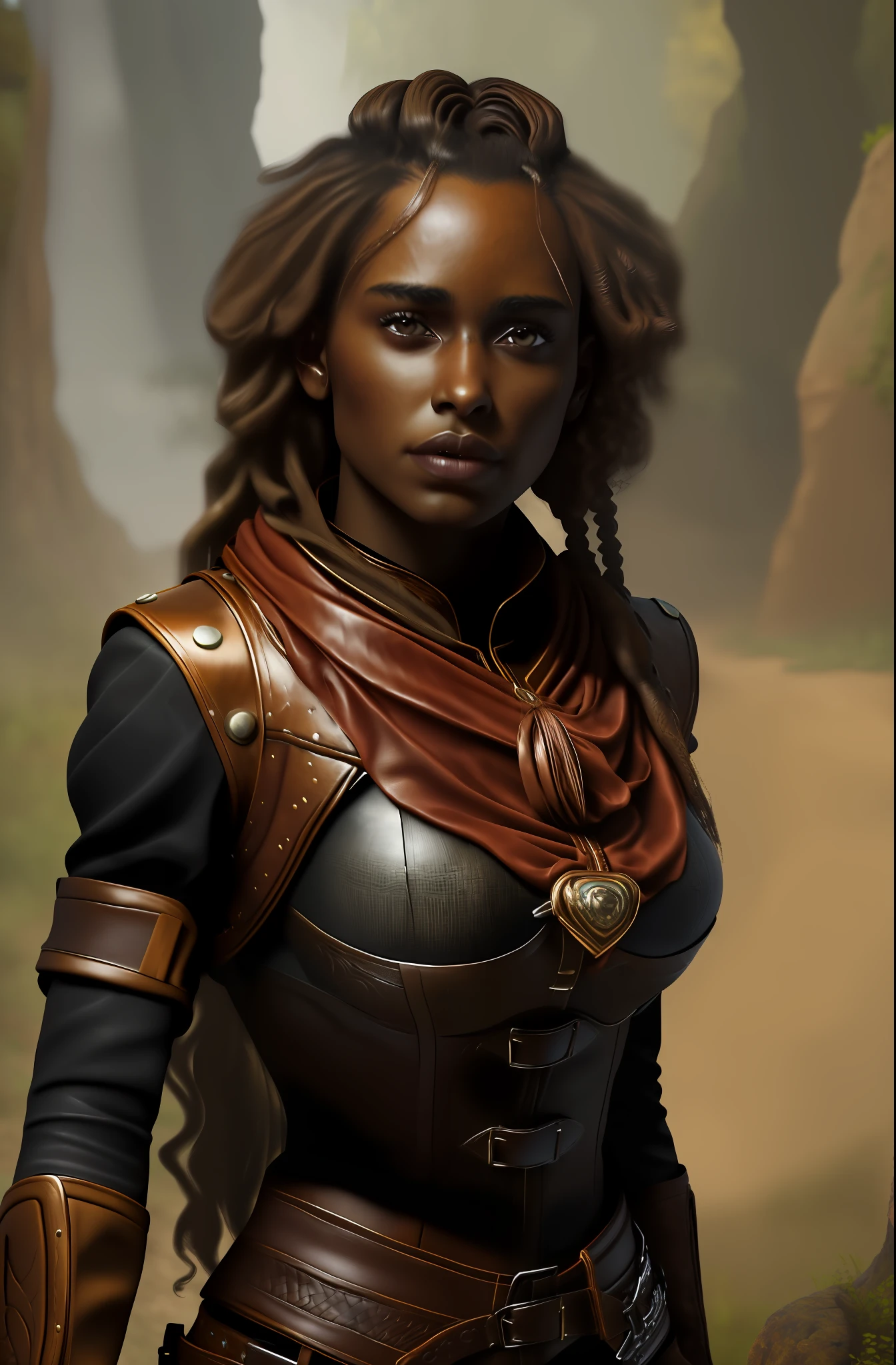 (best quality, masterpiece:1.2), A woman with brown skin, dark skin, portrait, bra, outdoors
breasts showing, leather clothing, curly hair with locks, surrealism, realistic, high detail, 8k