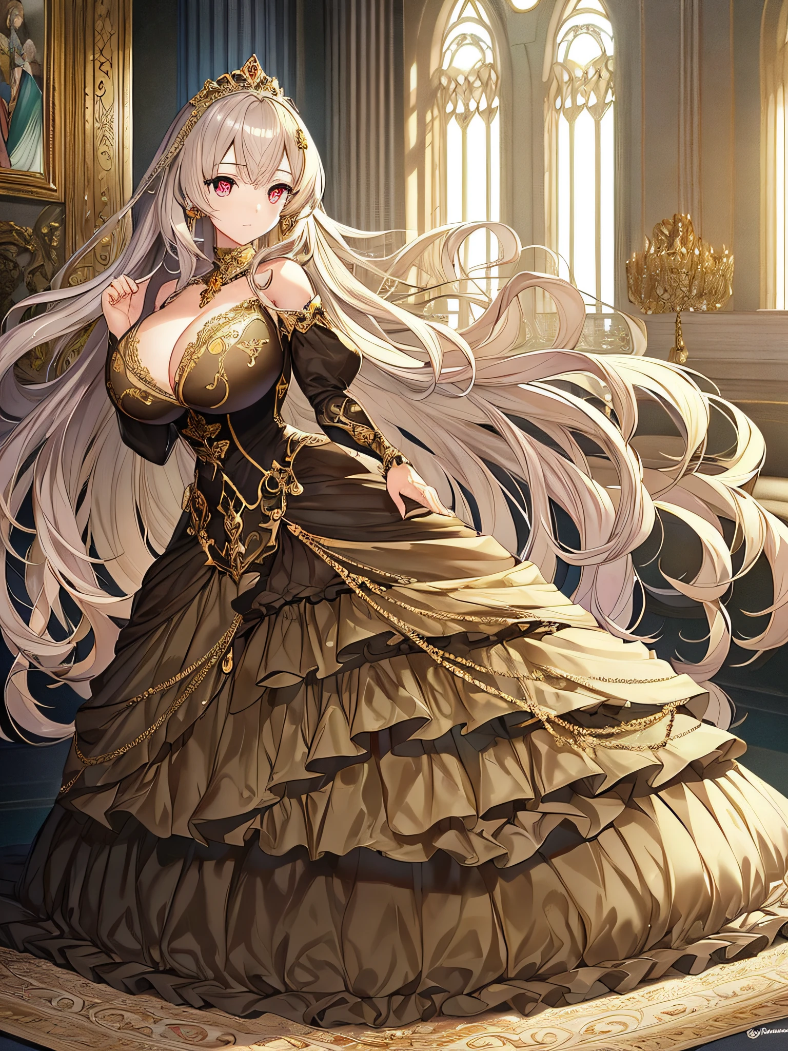 ((anime moe artstyle)),((game CG)),(Masterpiece),(Best Quality), (Super Detail),Illustration,(((Very Delicate and Beautiful))),Focus on character,Dynamic Angle,Looking at viewer,(((Solo))),((Full body)),(((1 gorgeous princess in ball gown with a voluminous skirt))),detailed face and eyes,jewel-like eyes,(Very Long Hair),gorgeous embroidery and lace,See-through,ornate ruffles,(gigantic breasts,Long breasts),jeweled ball gown,(gorgeous ball gown with a voluminous skirt),