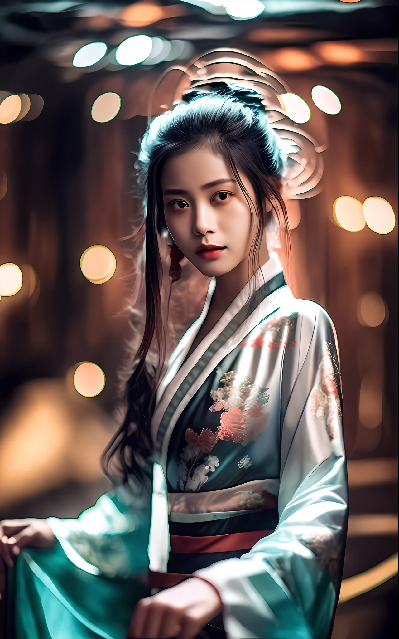 best quality, masterpiece, highres, wuxia 1girl,blush,(seductive smile:0.8),star-shaped pupils,china hanfu,hair ornament,necklace, jewelry,Beautiful face,upon_body, tyndall effect,photorealistic, dark studio, rim lighting, two tone lighting,(high detailed skin:1.2), 8k uhd, dslr, soft lighting, high quality, volumetric lighting, candid, Photograph, high resolution, 4k, 8k, Bokeh