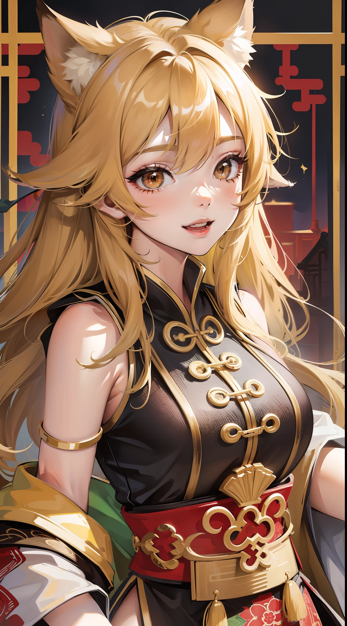 Adult girl, long lush blonde hair, brown eyes, wolf ears, Chinese clothes, sleeveless, cheerful look, smile, masterpiece, high quality