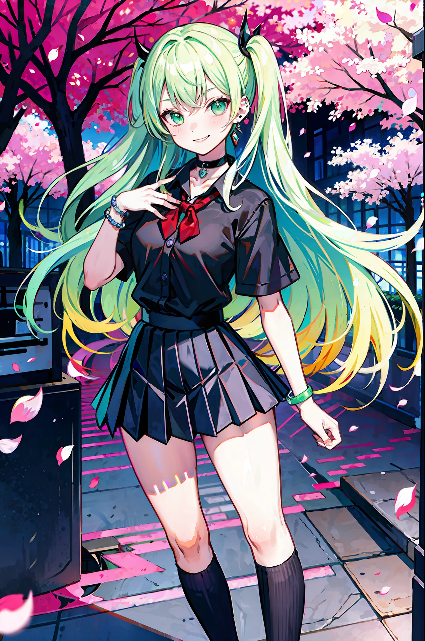 masterpiece, best quality, full body, 1girl, bangs, black choker, black tie, blonde hair, blush, bracelet, chest, choker, collarbones, collared shirt, ear piercing, eyebrows visible through hair, (gradient green hair), smirk, gyaru, jewelry, kogal, long hair, looking at the viewer, loose tie, tie, piercing, (black skirt), pleated skirt, green eyes, ring, shirt, skirt, smile, solo, (red checkered shirt),  street, sky, cherry blossoms, petals, illustration, fashionable, woman, bright, outfit, posing, frontal, colorful, dynamic, background, elements, confident, expression, holding, statement, accessory, majestic, rolled, around, touch, scene, bold, eye-catching, stylish, catchy, larger, brighter, modern, fashionable, focus, fashion