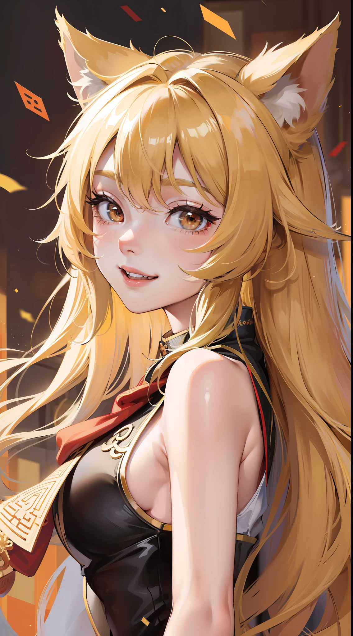 Adult girl, long lush blonde hair, brown eyes, wolf ears, Chinese clothes, sleeveless, cheerful look, smile, masterpiece, high quality