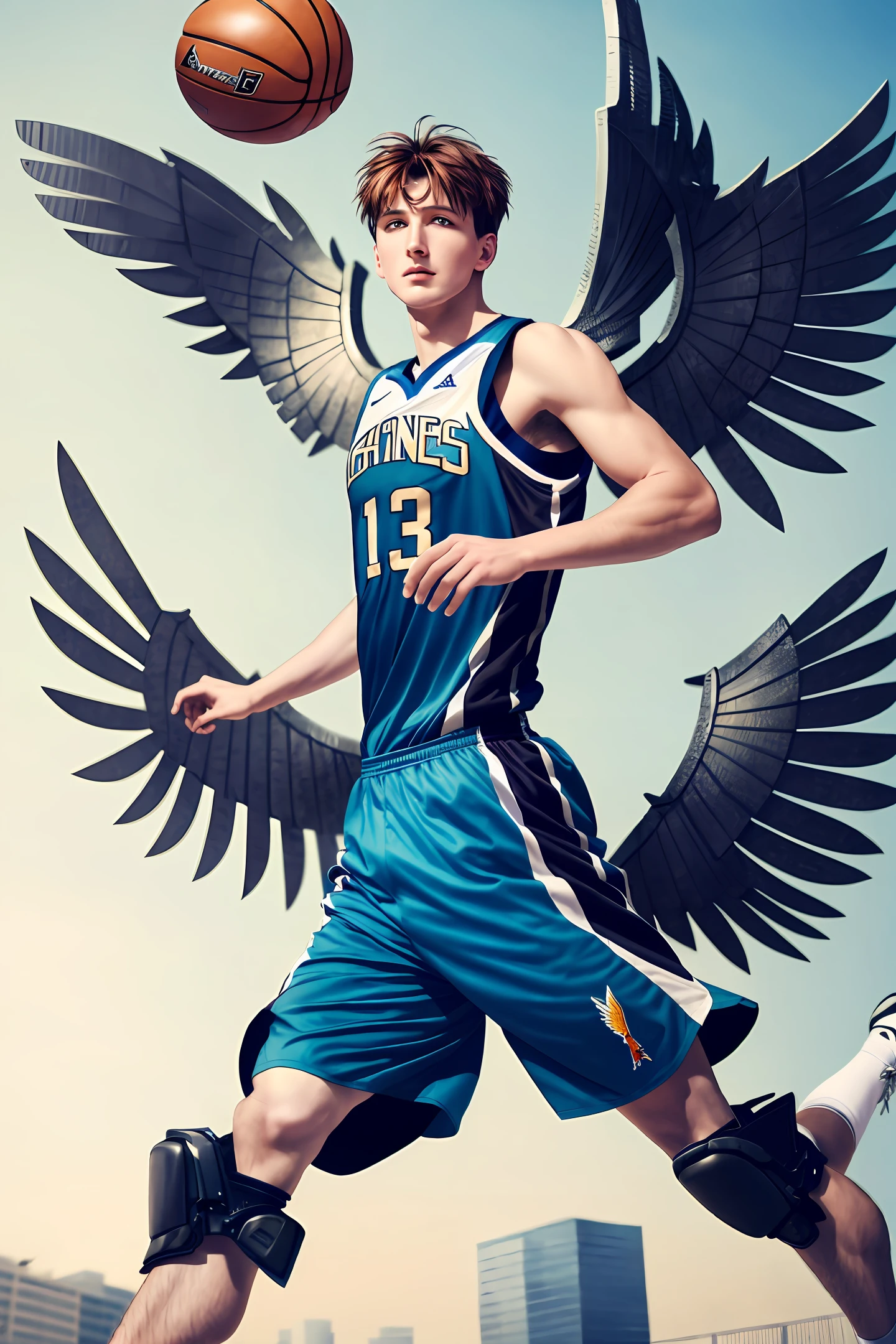 A handsome guy with mechanical wings is playing basketball