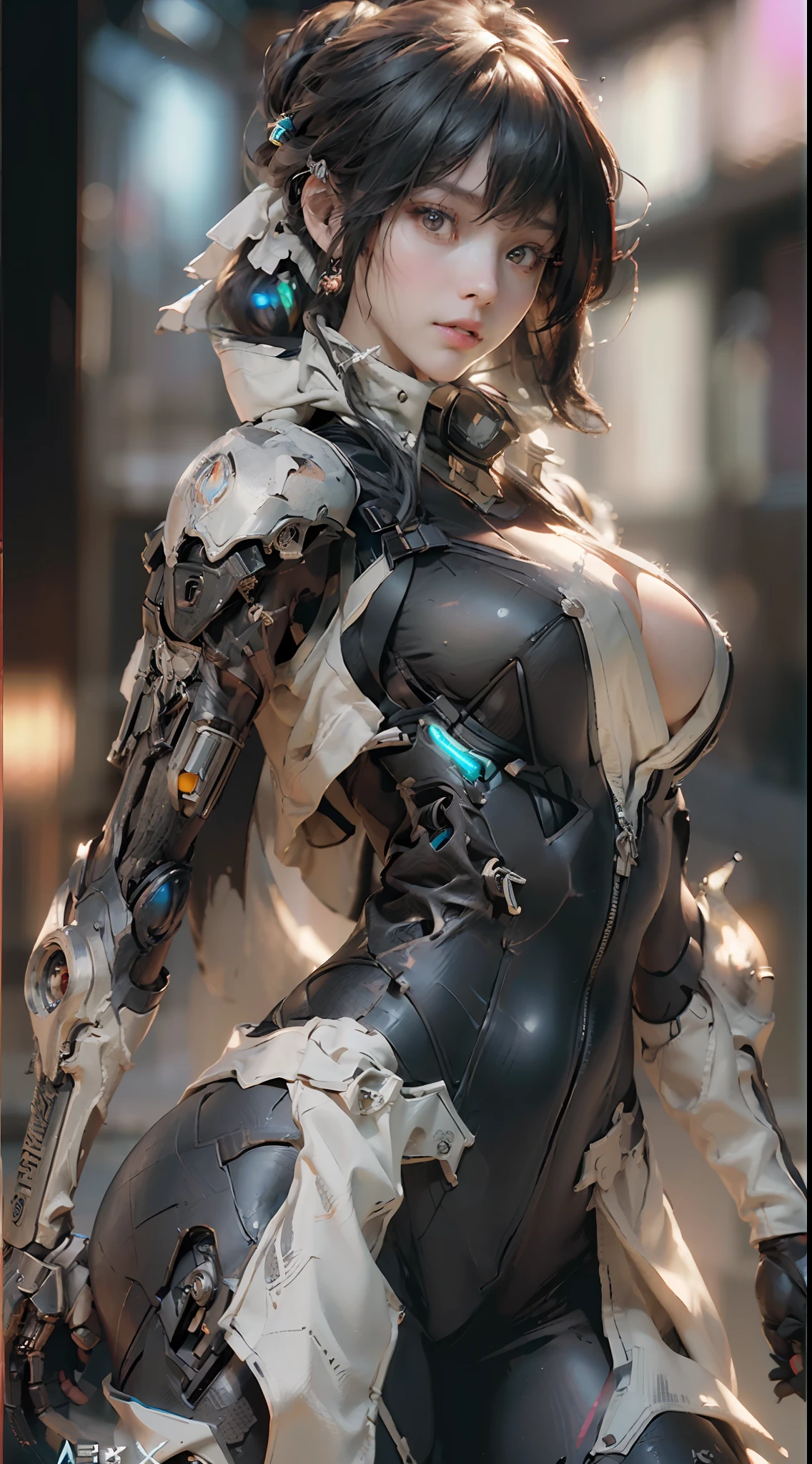 ((Best Quality)), ((Masterpiece), (Detail: 1.4), 3D, Big Breasts, Busty, Perfect Body, A Beautiful Cyberpunk Female Figure, HDR (High Dynamic Range), Ray Tracing, NVIDIA RTX, Super-Resolution, Unreal 5, Subsurface Scattering, PBR Texture, Post-Processing, Anisotropic Filtering, Depth of Field, Maximum Sharpness and Clarity, Multi-layer Texture, Albedo and Highlight Mapping, Surface Shading, Accurate simulation of light-material interactions, perfect proportions, Octane Render, two-color light, large aperture, low ISO, white balance, rule of thirds, 8K RAW,