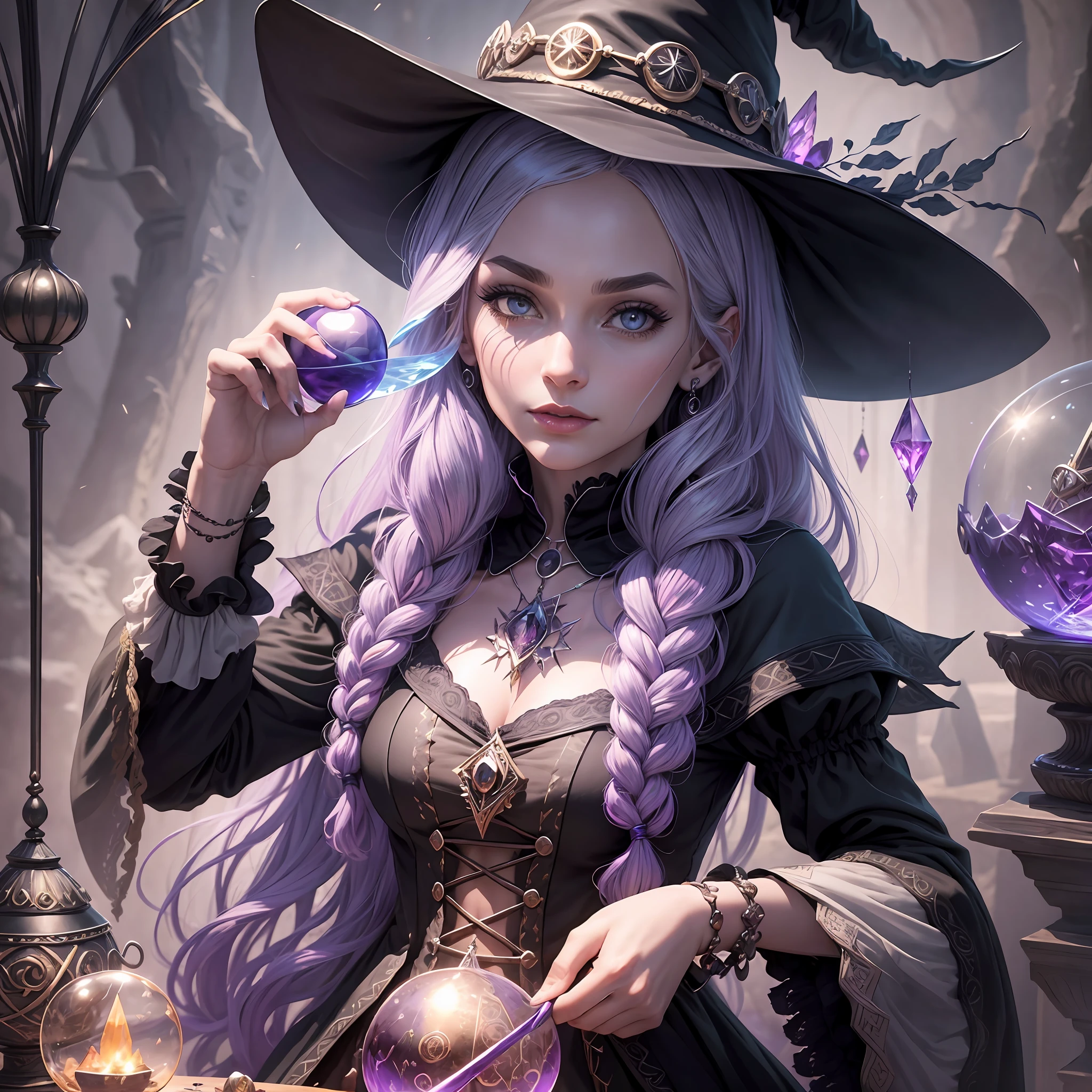 "Witchy Accessories": An illustration showcasing the iconic accessories of witches, including a pointed hat, broomstick, cauldron, and crystal ball, arranged in a visually appealing composition, Ultra realism, color field printing, high detail, UHD, 8k, anatomically correct, cinematic lighting 4d quality --auto --s2