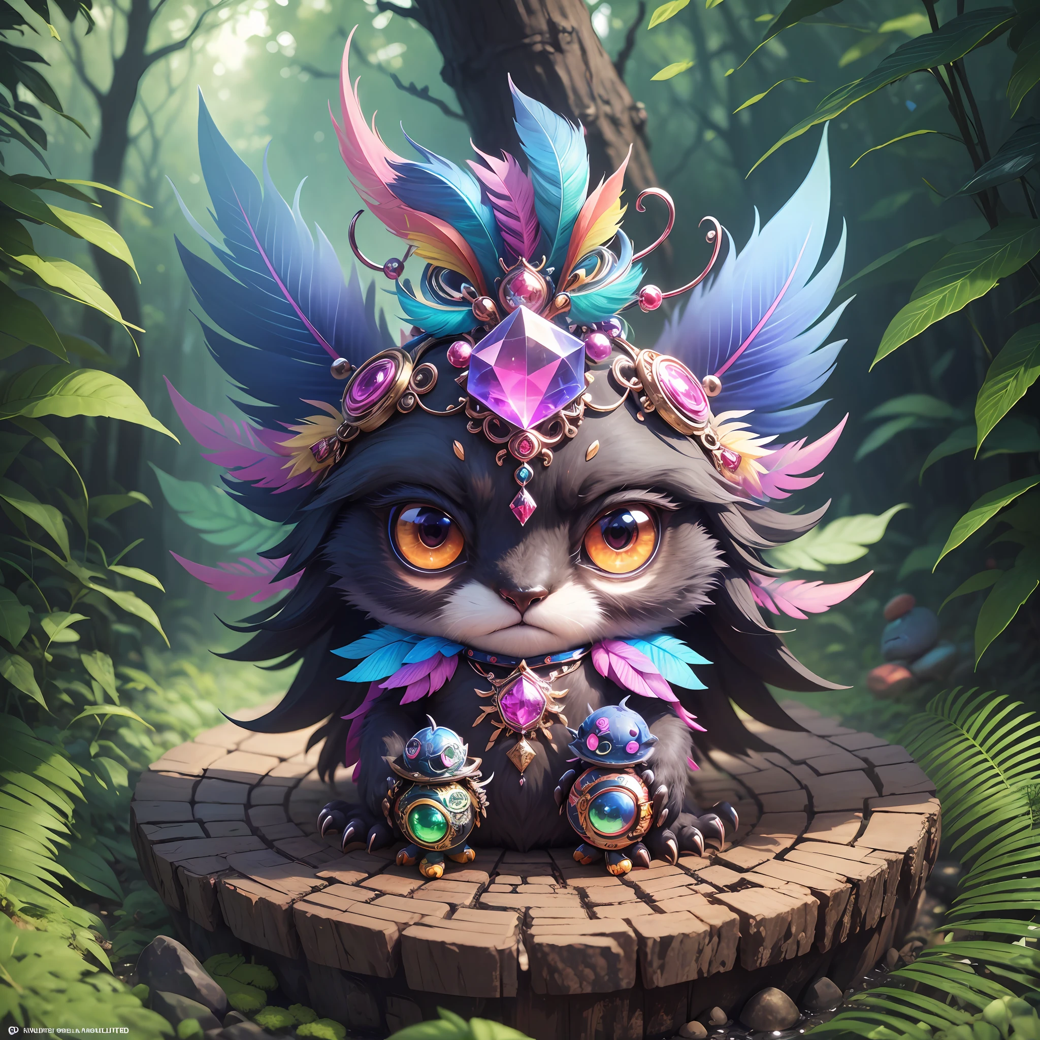 ((4 eyes kokkoni cute (very tiny monster) have rainbow colorful body, claws hands,leather feather skin): add crystal gem,cube,mushrooms,chaos,yin yang, magical ),(super cute effect),(chibi),(3m sticker collection:1.0),lay in the forest, (hip hop freestyle),(random zodiac).(185m.m), high resolution,(3d toy),full hd, uhd, 8k, intricate details ,high images quality --auto --s2