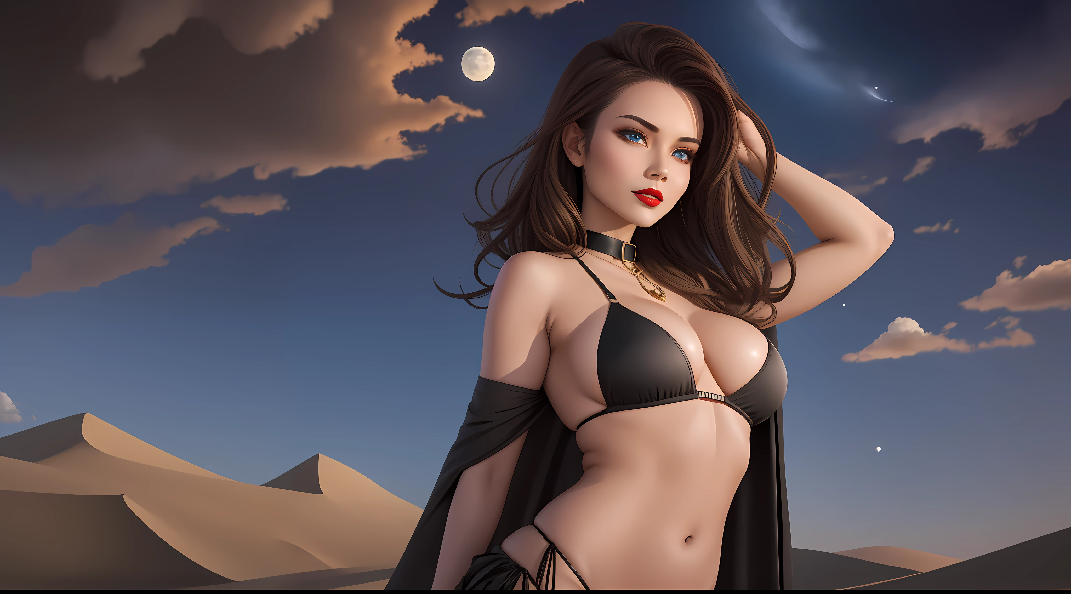 1 girl, ig model, looking far away, hand in her hair, wearing a cape, lewd face, sexy, cleavage, brown hair, brunette, blue eyes, red lips, collar, black bikini, black skirt, black panties, black bra, thigh highs, arm band, armpits, large breasts, wide hips, thick thighs, muscles, abs, no teeth, beautiful face, realistic, ray traced, beautiful eyes, red lipstick, desert, sand, night, stars, moon, clouds