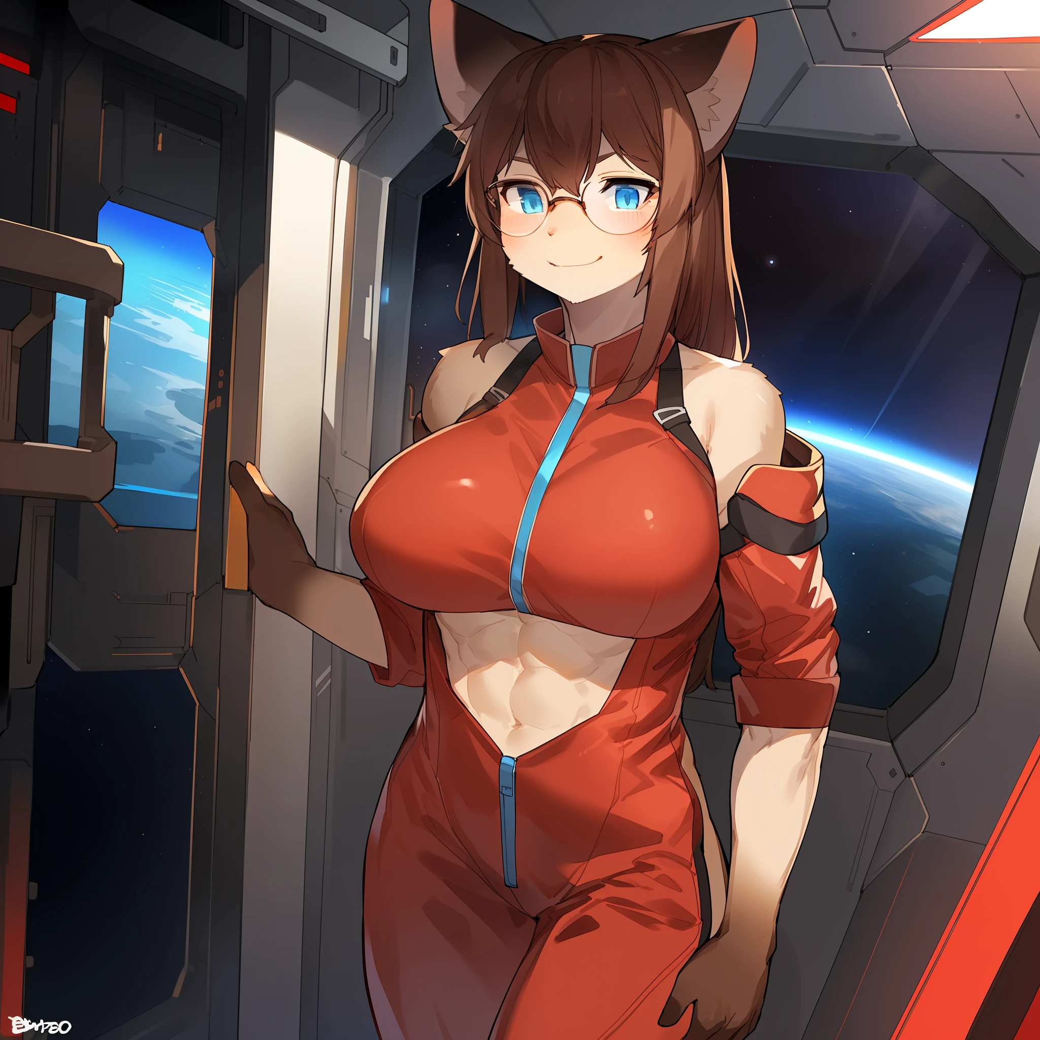 Solo, female, big breasts, abs, muscular, smirking, (((blue eyes, detailed eyes, siamese, domestic cat, detailed hands, red rectangle glasses, brown hair, shoulder length hair, hair))), red jumpsuit, red spacesuit, spaceship, space, window, (((by bebebebebe))), by buta99, standing, by sindoll, by pgm300, by suurin 2, by kishibe,