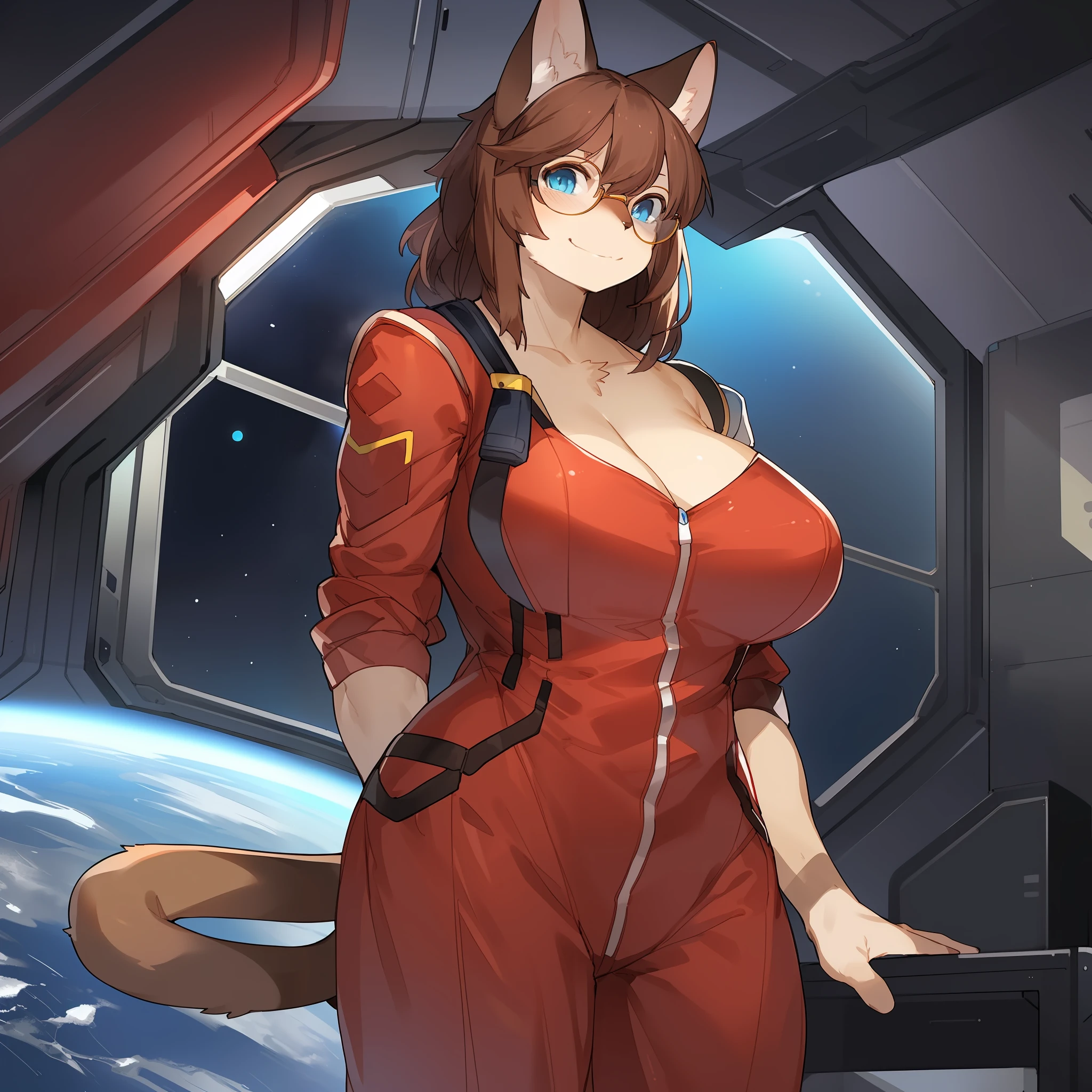 Solo, female, big breasts, abs, muscular, smirking, (((blue eyes, detailed eyes, siamese, domestic cat, detailed hands, red rectangle glasses, brown hair, shoulder length hair, hair))), red jumpsuit, red spacesuit, spaceship, space, window, (((by bebebebebe))), by buta99, standing, by sindoll, by pgm300, by suurin 2, by kishibe,