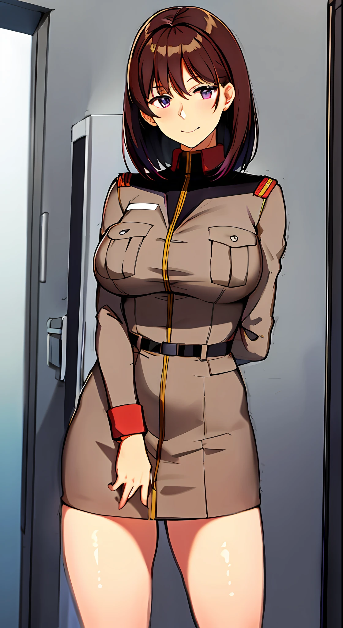 ((Beautiful purple eyes)), anime girl in uniform posing in a hallway with her hands on her hips, (sfw) safe for work, anya from spy x family, in uniform, red uniform, cushart krenz, female protagonist 👀 :8, cushart kenz, fully - clothed!!!, in a soldier uniform, makoto shinka, jk uniform