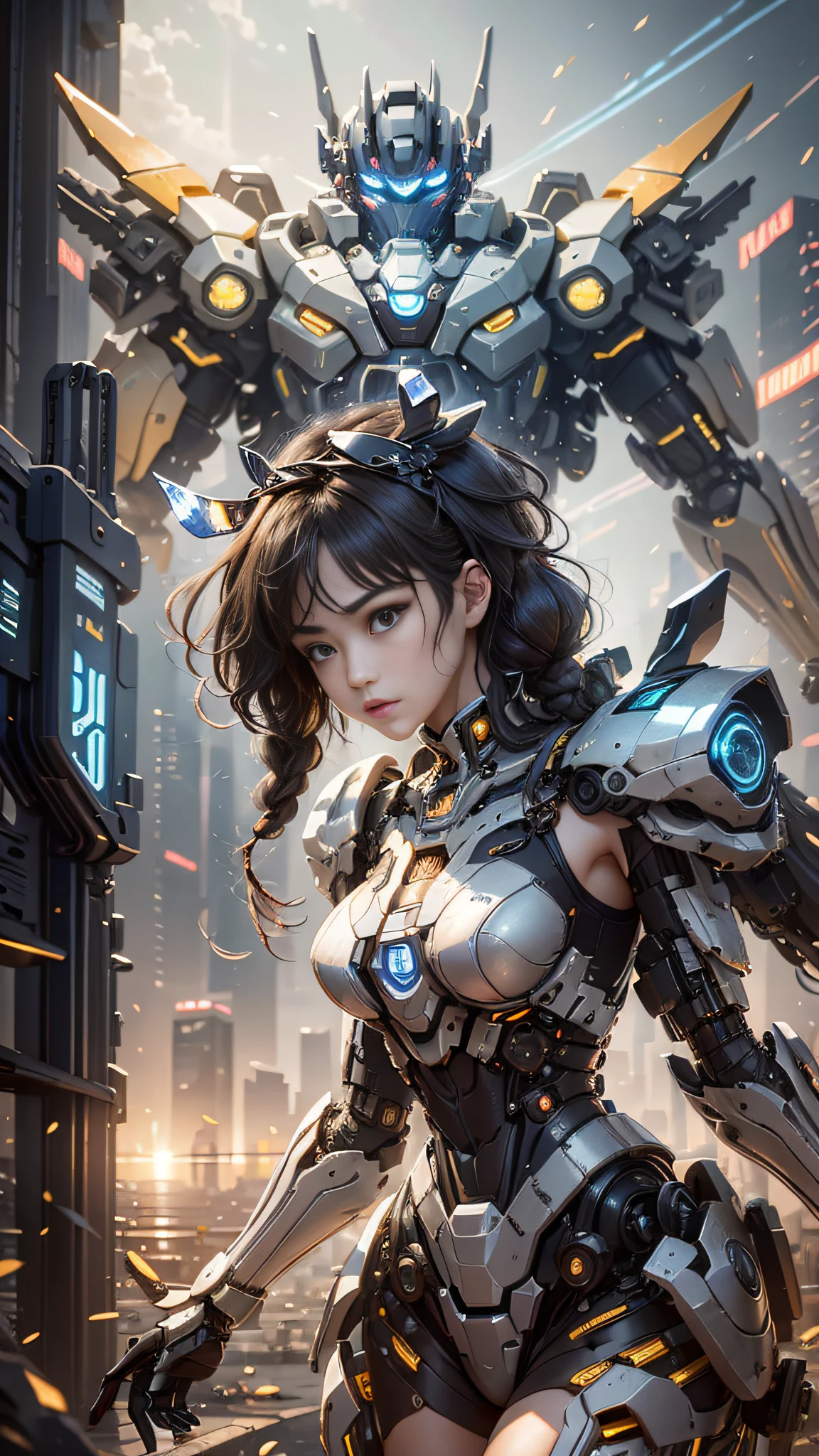 (Best Quality)), ((Masterpiece)), (Very Detailed: 1.3), 3D, Icaru valkirie-mecha, Beautiful cyberpunk woman wearing crown, with master chef style armor, sci-fi technology, HDR (High Dynamic Range), ray tracing, nvidia RTX, super resolution, unreal 5, subsurface scattering, PBR texture, post-processing, anisotropic filtering, depth of field, maximum sharpness and sharpness, multi-layer texture, Specular and albedo mapping, surface shading,  accurate simulation of light-material interactions, perfect proportions, octane rendering, duotone lighting, low ISO, white balance, rule of thirds, wide aperture, 8K RAW, high efficiency subpixels, subpixel convolution, light particles, light scattering, Tyndall effect, very sexy, full body, battle pose, black hair with braids,