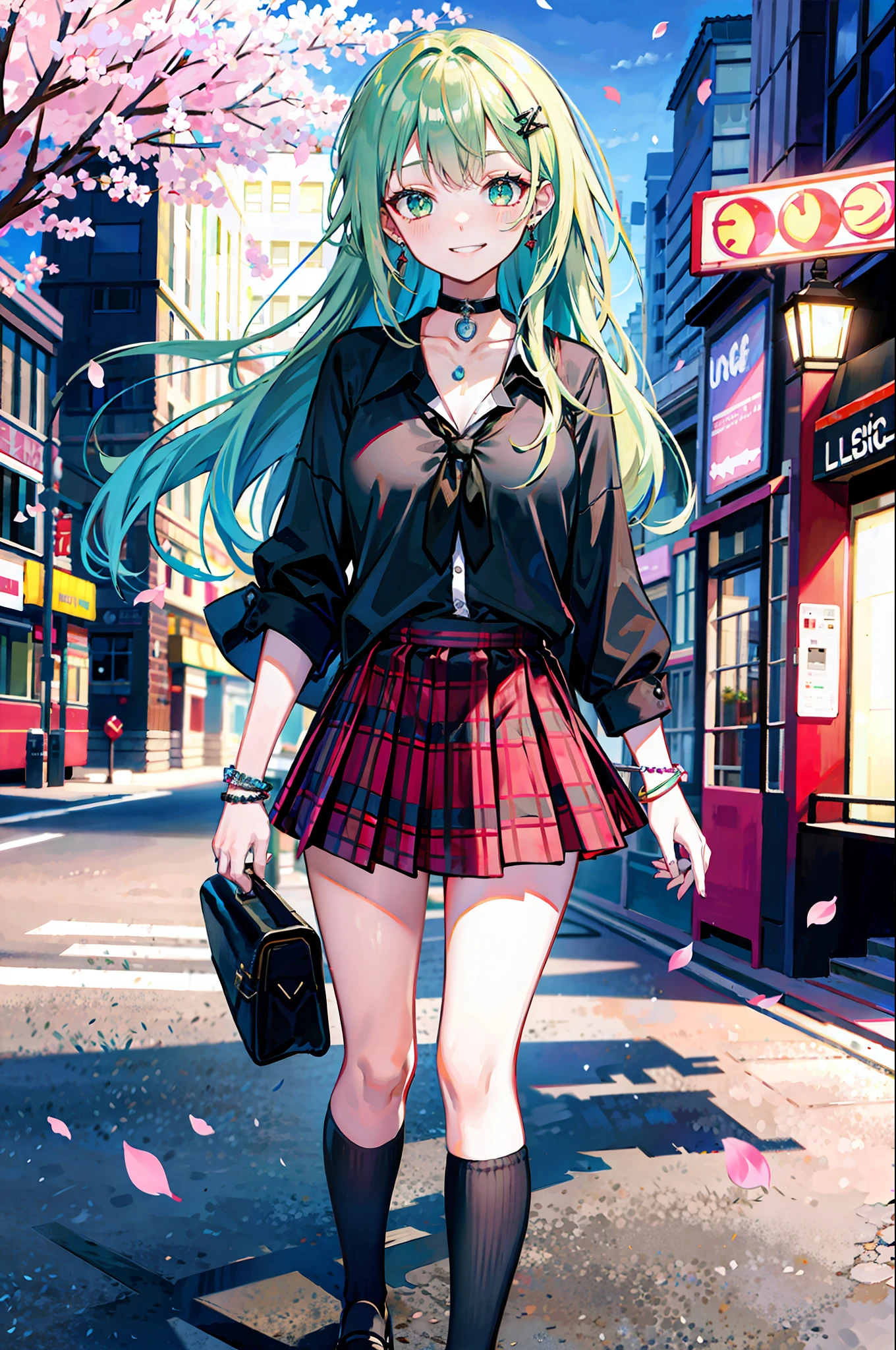 Evening time, masterpiece, best quality, full body, 1girl, bangs, black choker, black tie, blonde hair, blush, bracelet, chest, choker, collarbones, collared shirt, ear piercing, eyebrows visible through hair, (gradient green hair), grin, gyaru, jewelry, kogal, long hair, looking at the viewer, loose tie, tie, piercing, (black skirt), pleated skirt, green eyes, ring, shirt, skirt, smile, solo, (red plaid shirt), street, sky, cherry blossoms, petals, illustration, fashionable, woman, bright, outfit, posing, frontal, colorful, dynamic, background, elements, confident, expression, holding, statement, accessory, majestic, rolled, around, touch, scene, bold, eye-catching, stylish, catchy, larger, brighter, modern, fashionable, focus, fashion
