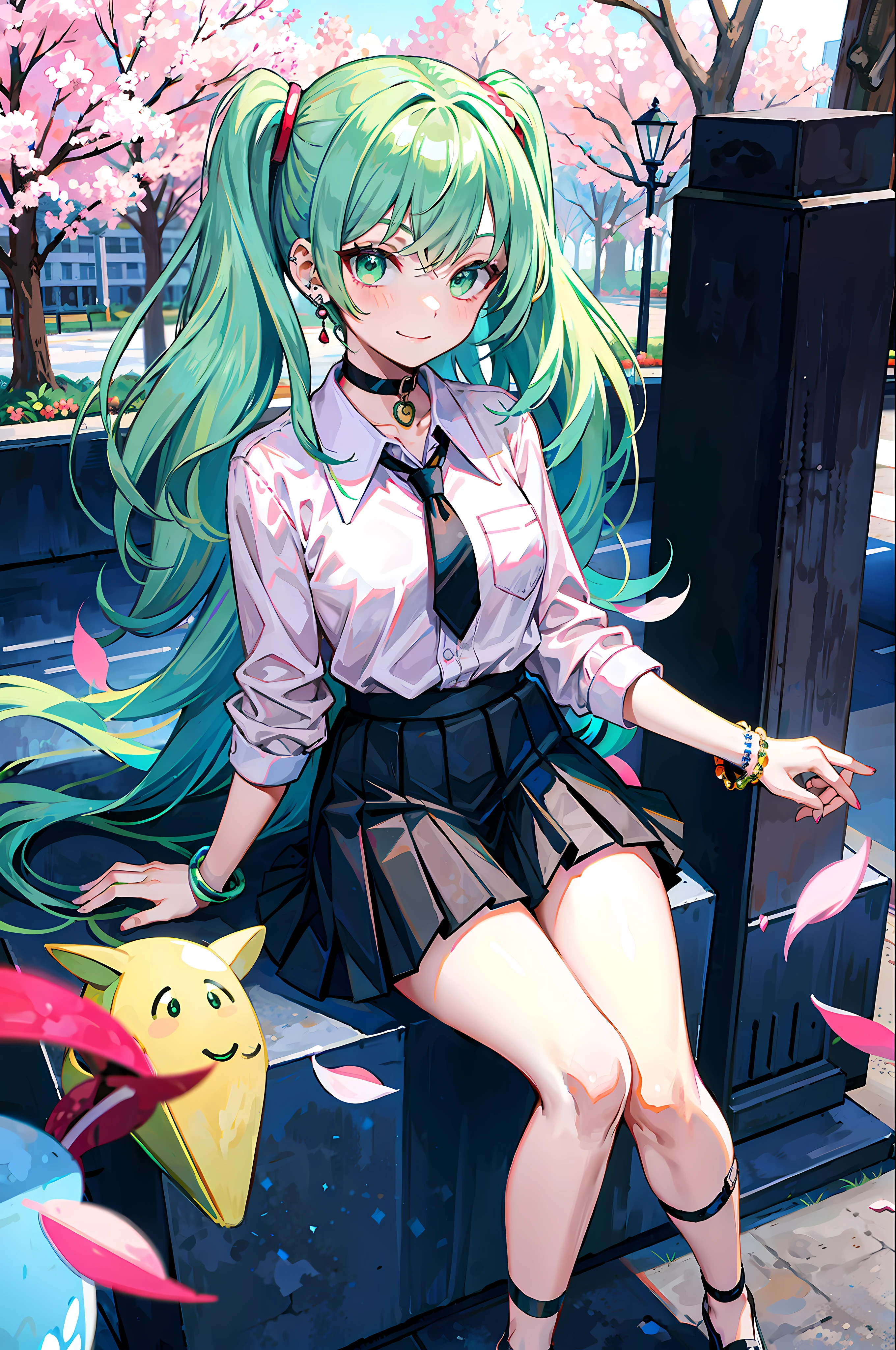 masterpiece, best quality, full body, 1girl, bangs, black choker, black tie, blonde hair, blush, bracelet, chest, choker, collarbones, collared shirt, ear piercing, eyebrows visible through hair, (gradient green hair), smirk, gyaru, jewelry, kogal, long hair, looking at the viewer, loose tie, tie, piercing, (black skirt), pleated skirt, green eyes, ring, shirt, skirt, smile, solo, (red checkered shirt), street, sky, cherry blossoms, petals, illustration, fashionable, woman, bright, outfit, posing, frontal, colorful, dynamic, background, elements, confident, expression, holding, statement, accessory, majestic, rolled, around, touch, scene, bold, eye-catching, stylish, catchy, larger, brighter, modern, fashionable, focus, fashion