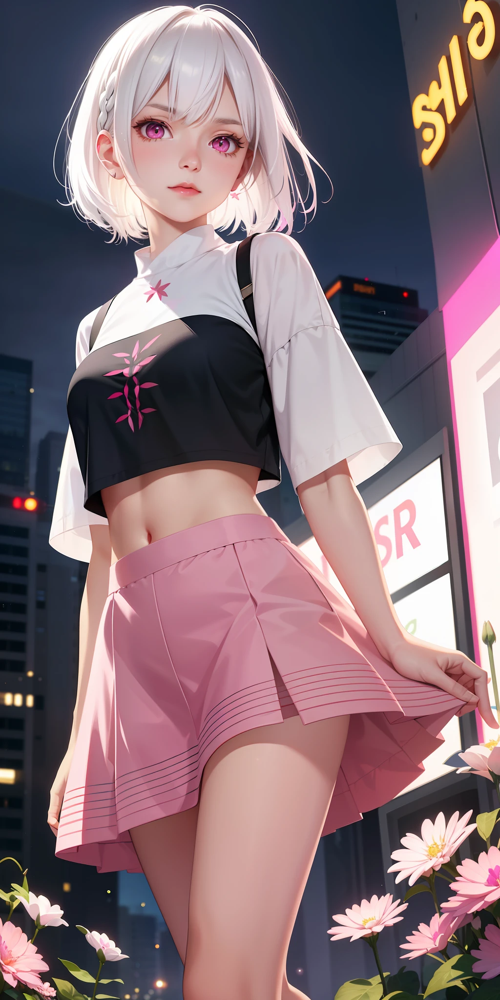 Realistic, 1girl, white hair, pink eyes, glowing eyes, cropped top, short skirt, blush, night, flowers