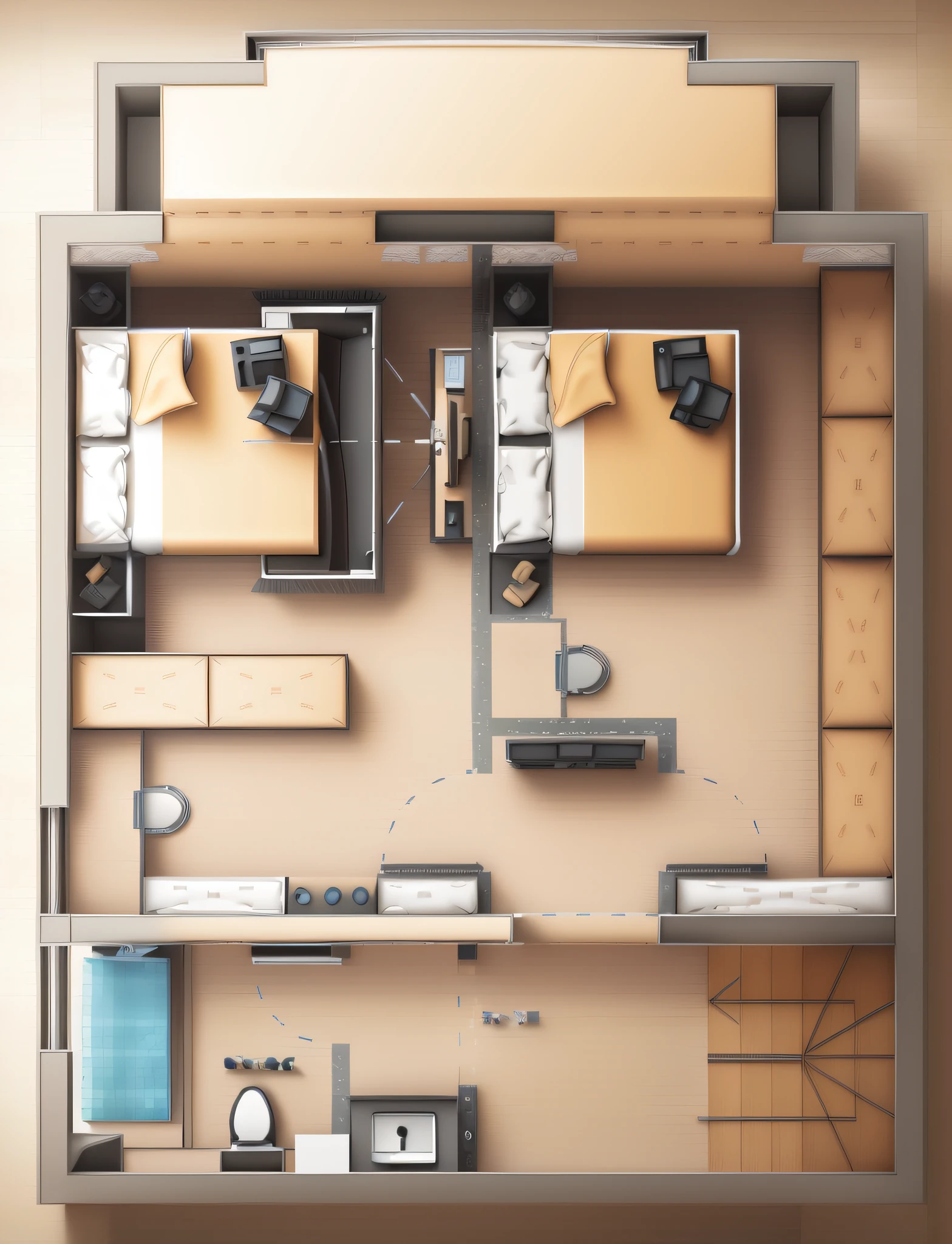 a drawing of a room with a bed, a desk, and a chair, 2 d autocad, architectural plan, floor plan, layout, autocad, flat 2 d, apartment design, architectural planning, cad, architectural plans, apartment, plan drawing, 2 d overhead view, floor plan view, layout design, overall architectural design, 2 d axonometric overhead view --auto --s2