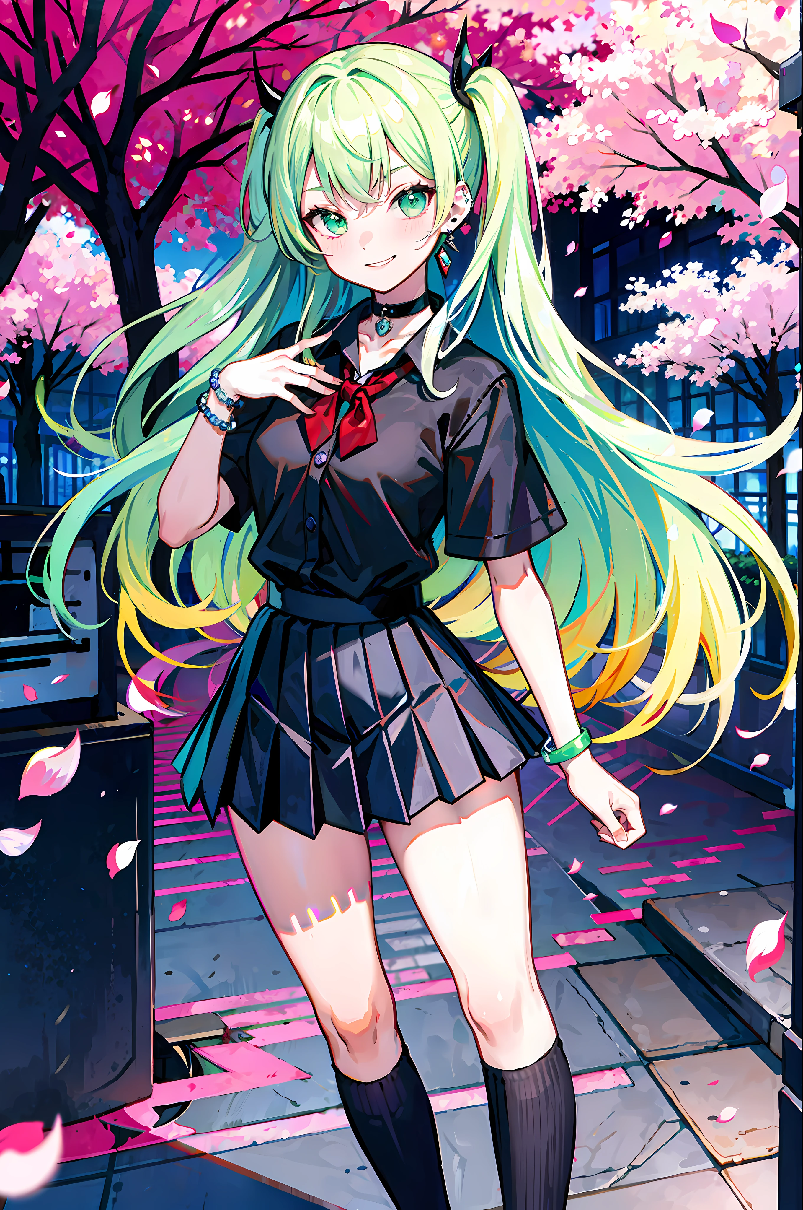 masterpiece, best quality, full body, 1girl, bangs, black choker, black tie, blonde hair, blush, bracelet, chest, choker, collarbones, collared shirt, ear piercing, eyebrows visible through hair, (gradient green hair), smirk, gyaru, jewelry, kogal, long hair, looking at the viewer, loose tie, tie, piercing, (black skirt), pleated skirt, green eyes, ring, shirt, skirt, smile, solo, (red checkered shirt),  street, sky, cherry blossoms, petals, illustration, fashionable, woman, bright, outfit, posing, frontal, colorful, dynamic, background, elements, confident, expression, holding, statement, accessory, majestic, rolled, around, touch, scene, bold, eye-catching, stylish, catchy, larger, brighter, modern, fashionable, focus, fashion