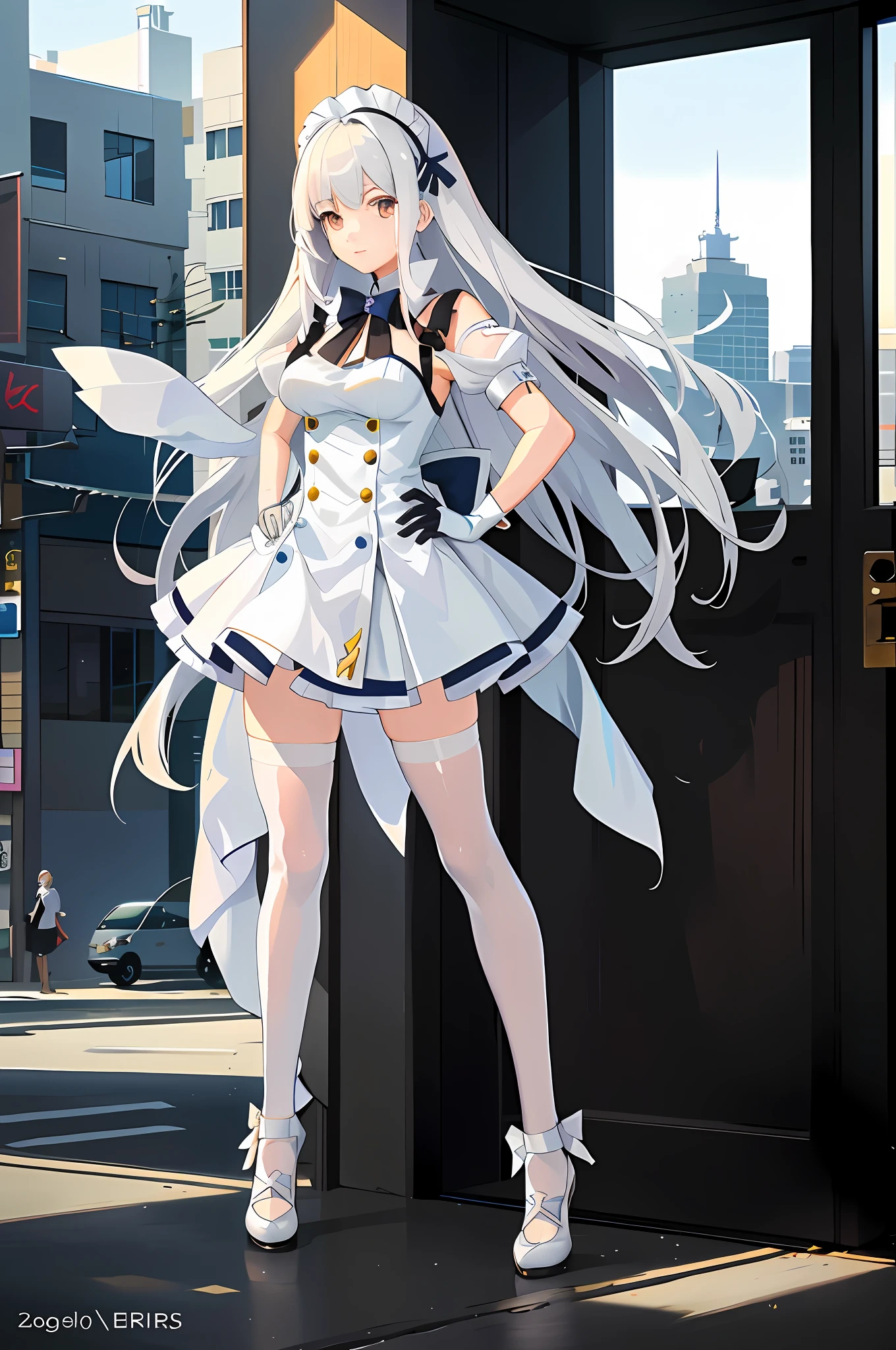 anime character dressed in white and blue outfit standing in front of a door, azur lane style, characters from azur lane, from the azur lane videogame, from girls frontline, girls frontline style, fine details. girls frontline, girls frontline cg, high detailed official artwork, cushart krenz key art feminine, trending on artstation pixiv