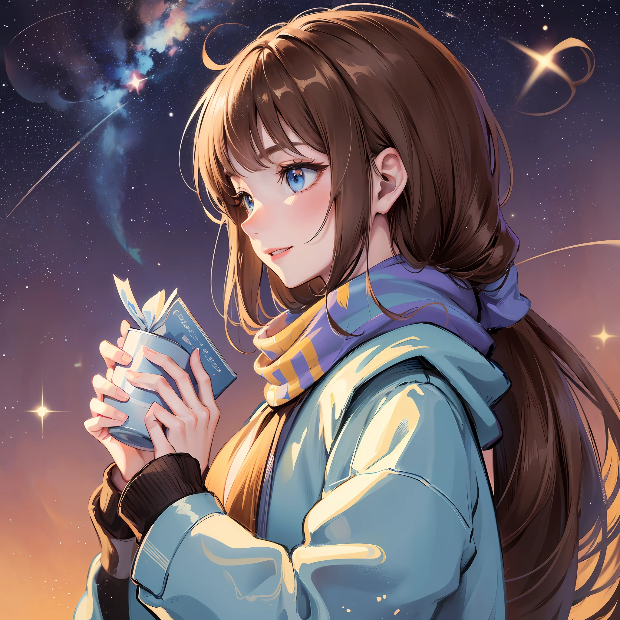 profile picture: anime girl, stars and galaxy sky as the background. cat like a scarf. she is holding a cup of coffee and a book. she has long brown hair, blue eyes and smiles. --auto --s2