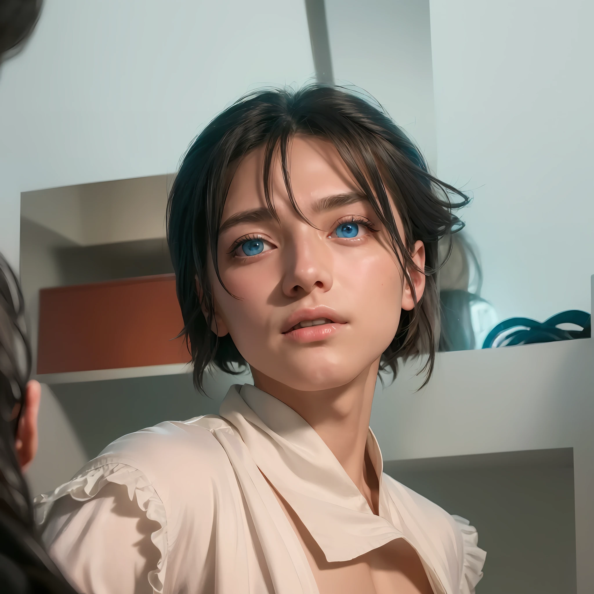 (extremely detailed CG Unity 8k wallpaper, masterpiece, best quality, super detailed), (English, elegant) (high cold boy, high angle, in front of the mirror), (blue eyes, platinum hair: 1.2), delicate facial features, pure smile, (floating hair, dynamic pose), (soft light, shallow depth of field), (American style, fantastic atmosphere).