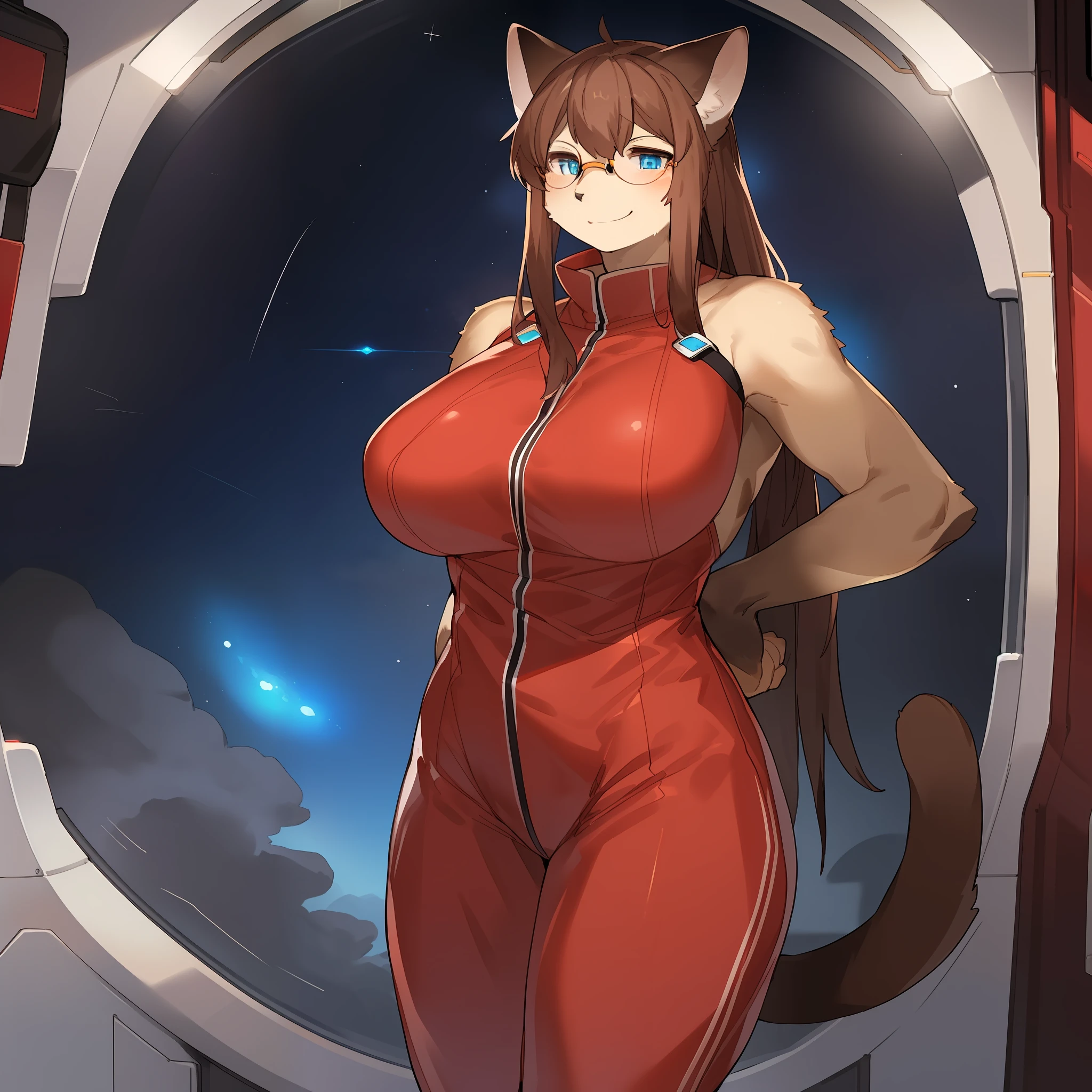 Solo, female, big breasts, abs, muscular, smirking, (((blue eyes, detailed eyes, siamese, domestic cat, detailed hands, red rectangle glasses, brown hair, shoulder length hair, hair))), red jumpsuit, red spacesuit, spaceship, space, window, (((by bebebebebe))), by buta99, standing, by sindoll, by pgm300, by suurin 2, by kishibe, large brown spot on the center of the face on the snout