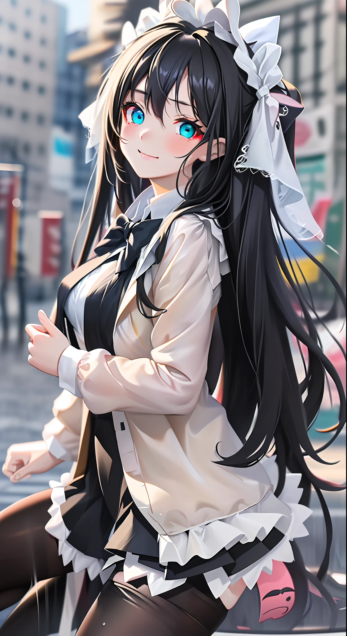 masterpiece, very long hair, best quality, in the rain, rain, kawaii, adorable girl, black hair, beautiful detailed eyes, gradient_eyes, aqua eyes, looking at viewer, laughing, shy, large breasts, miniskirt, white pantyhose, torn pantyhose, hair_bow, hair ornament, undressing, school uniform,