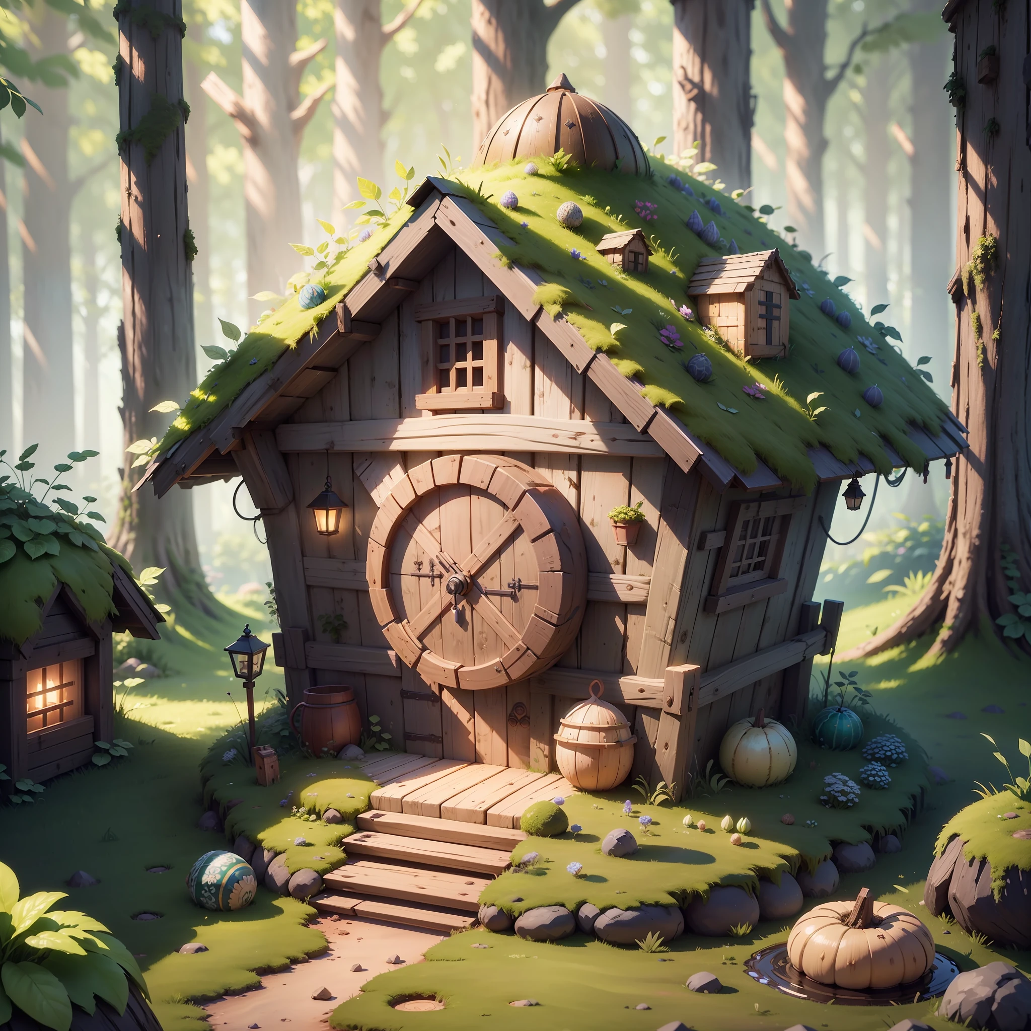 Masterpiece, best quality, (very detailed CG unity 8k wallpaper), (best quality), (best illustration), (best shadows), round turnip hut covered with moss, isometric 3D , octane rendering, ray tracing, highly detailed --auto --s2