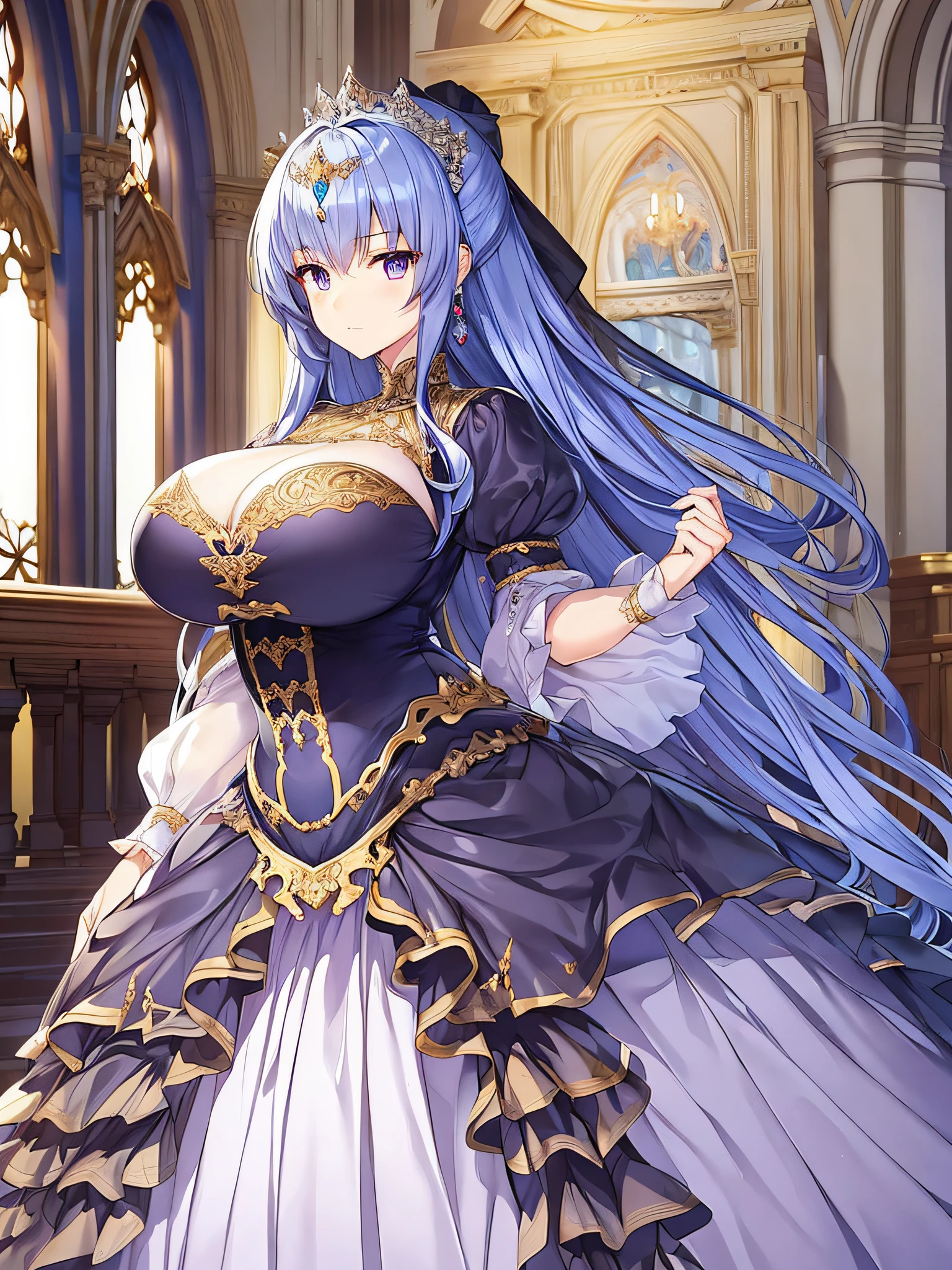 ((anime moe artstyle)),((game CG)),(Masterpiece),(Best Quality), (Super Detail),Illustration,((Very Delicate and Beautiful)),Focus on character,Dynamic Angle,Looking at viewer,(((Solo))),((Full body)),(((1 gorgeous princess in ball gown with a voluminous skirt))),detailed face and eyes,jewel-like eyes,(Very Long Hair),gorgeous embroidery and lace,See-through,ornate ruffles,(gigantic breasts,Long breasts),jeweled ball gown,(gorgeous ball gown with a voluminous skirt),