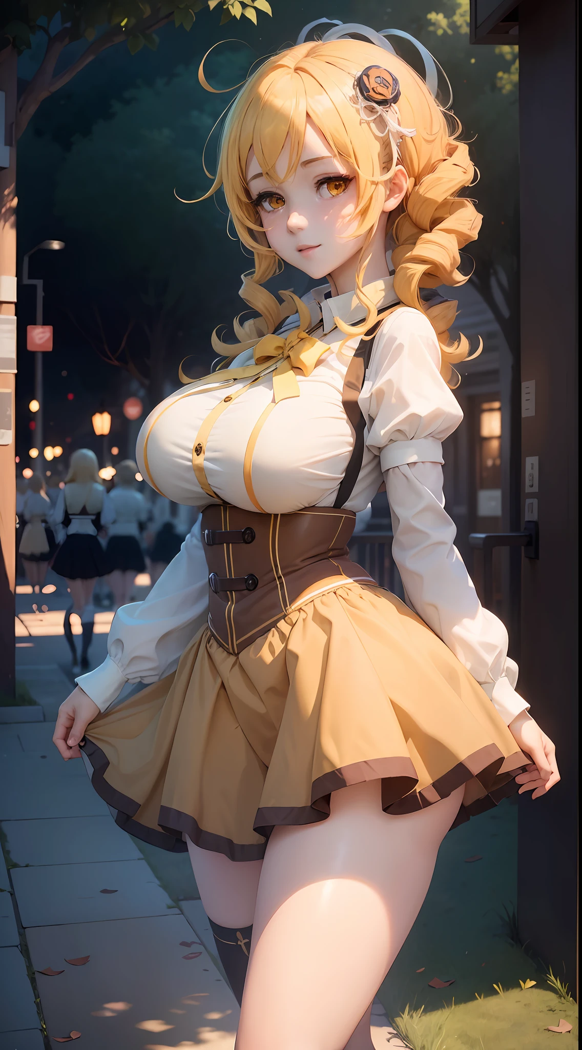 masterpiece, best quality, ultra-detailed, kawaii, cute, lovely, sexy, ero, extremely detailed, 4K, 8K, best quality, beautiful, anime style, school, a cute girl, 1girl, solo, school uniform, beautiful yellow hair, beautiful orange eyes, beautiful eyes, large breast, smile, Upper body, Focus on the face,