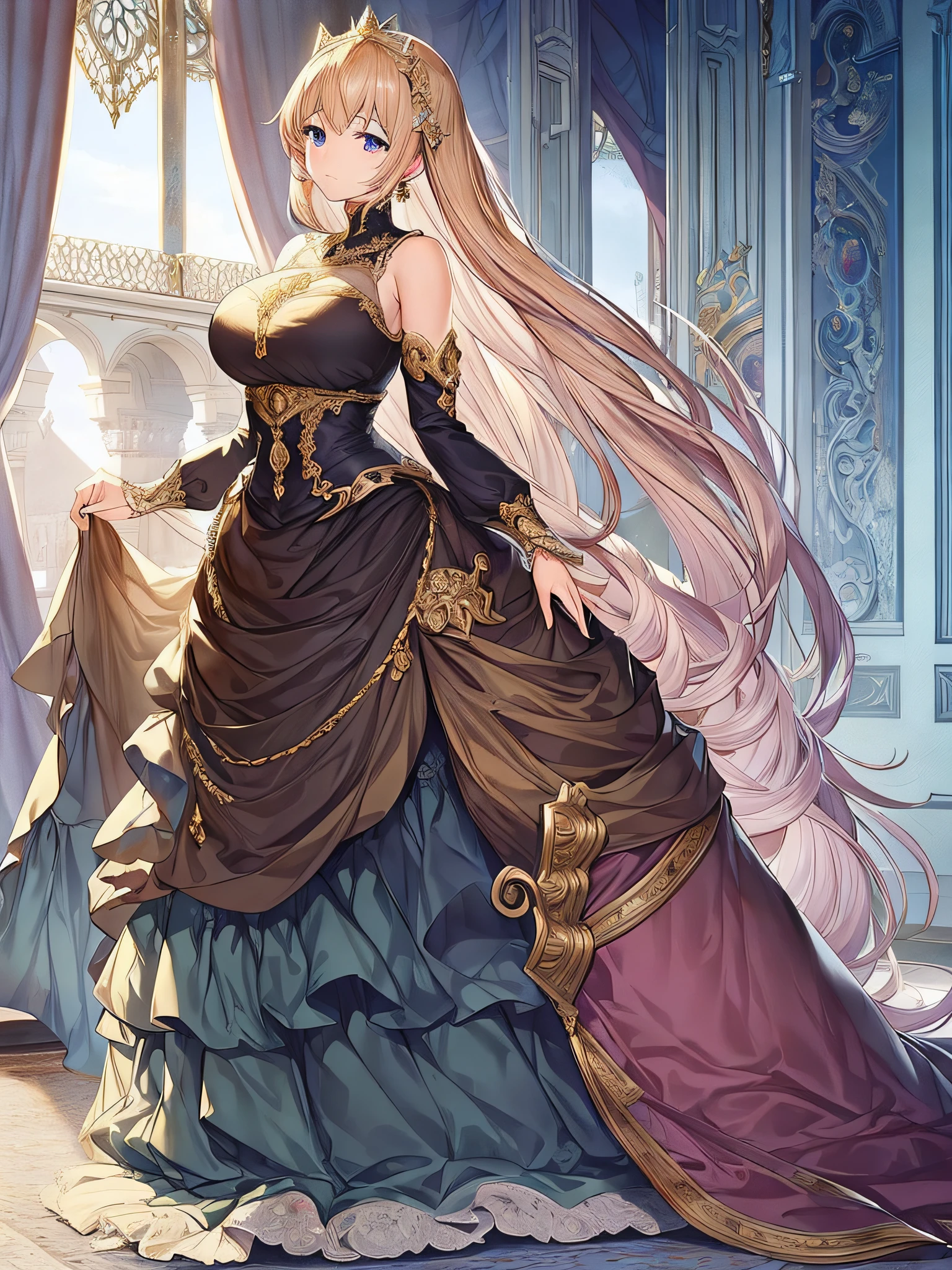 ((anime moe artstyle)),((game CG)),(Masterpiece),(Best Quality), (Super Detail),Illustration,((Very Delicate and Beautiful)),Focus on character,Dynamic Angle,Looking at viewer,(((Solo))),((Full body)),(((1 gorgeous princess in ball gown with a voluminous skirt))),detailed face and eyes,jewel-like eyes,(Very Long Hair),gorgeous embroidery and lace,See-through,ornate ruffles,(gigantic breasts,Long breasts),jeweled ball gown,(gorgeous ball gown with a voluminous skirt),
