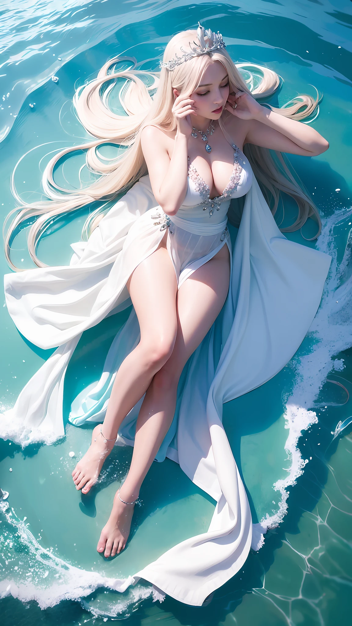 Masterpiece, high definition, photorealistic, woman in araffe in white dress sitting on a rock in a block of water, sheer clothes, revealing costume, five toes, barefoot, barefoot, shiny beautiful skin, very beautiful attractive eyes, eyes are downward, panties are visible, panty shot, anime goddess, water magic close-up fantasy, beautiful goddess, greek goddess, flowing white robes, Beautiful Fantasy Empress, ((Beautiful Fantasy Empress)), Greek mythological goddess, goddess of summer, flowing magic robes, beautiful and elegant queen, goddess of the sea