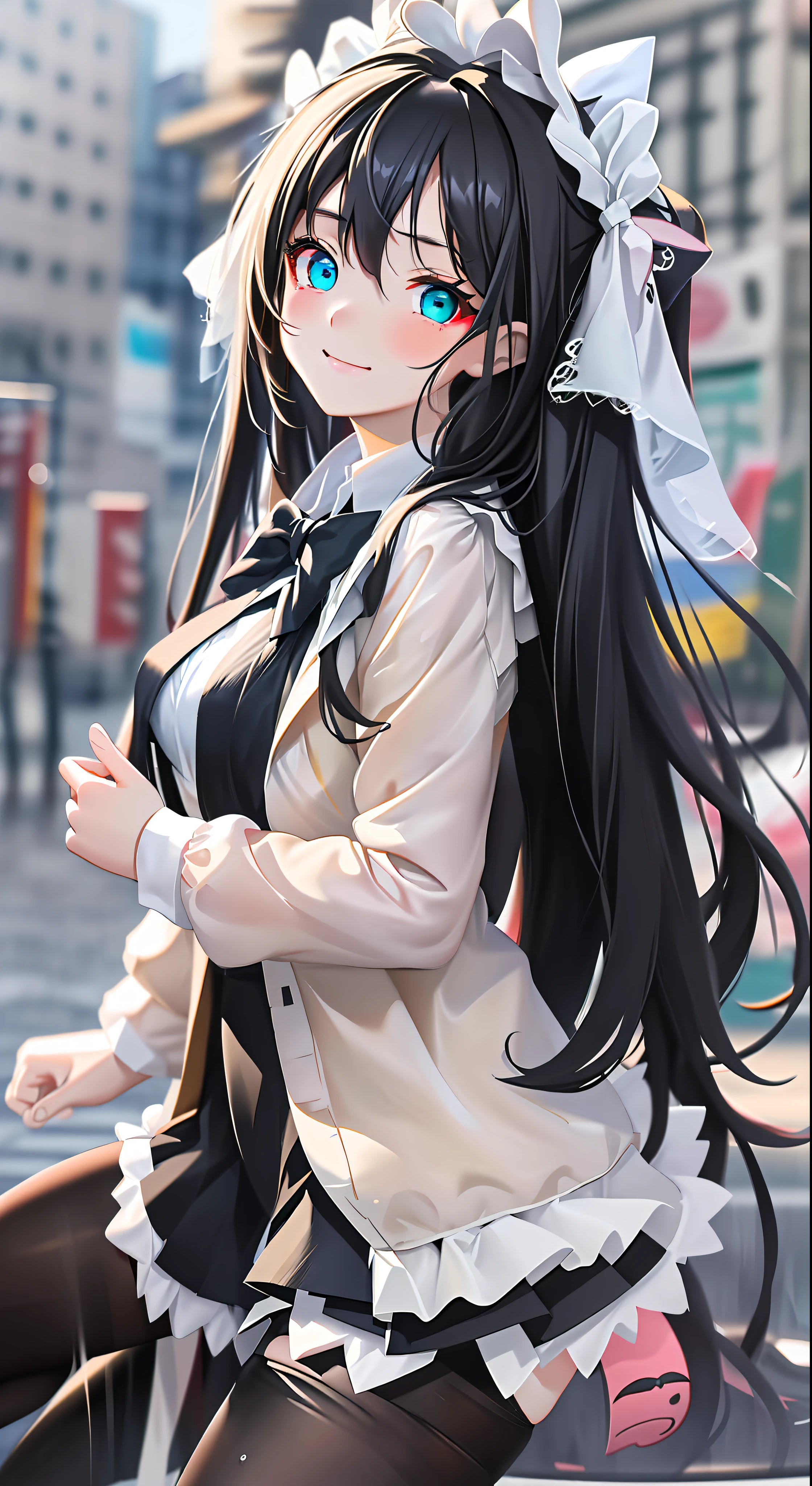 masterpiece, very long hair, best quality, in the rain, rain, kawaii, adorable girl, black hair, beautiful detailed eyes, gradient_eyes, aqua eyes, looking at viewer, laughing, shy, large breasts, miniskirt, white pantyhose, torn pantyhose, hair_bow, hair ornament, undressing, school uniform,