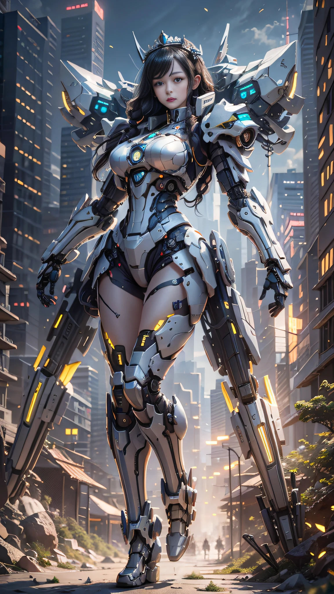 (Best Quality)), ((Masterpiece)), (Very Detailed: 1.3), 3D, Icaru valkirie-mecha, Beautiful cyberpunk woman wearing crown, with master chef style armor, sci-fi technology, HDR (High Dynamic Range), ray tracing, nvidia RTX, super resolution, unreal 5, subsurface scattering, PBR texture, post-processing, anisotropic filtering, depth of field, maximum sharpness and sharpness, multi-layer texture, Specular and albedo mapping, surface shading,  accurate simulation of light-material interactions, perfect proportions, octane rendering, duotone lighting, low ISO, white balance, rule of thirds, wide aperture, 8K RAW, high efficiency subpixels, subpixel convolution, light particles, light scattering, Tyndall effect, very sexy, full body, battle pose, black hair with braids,