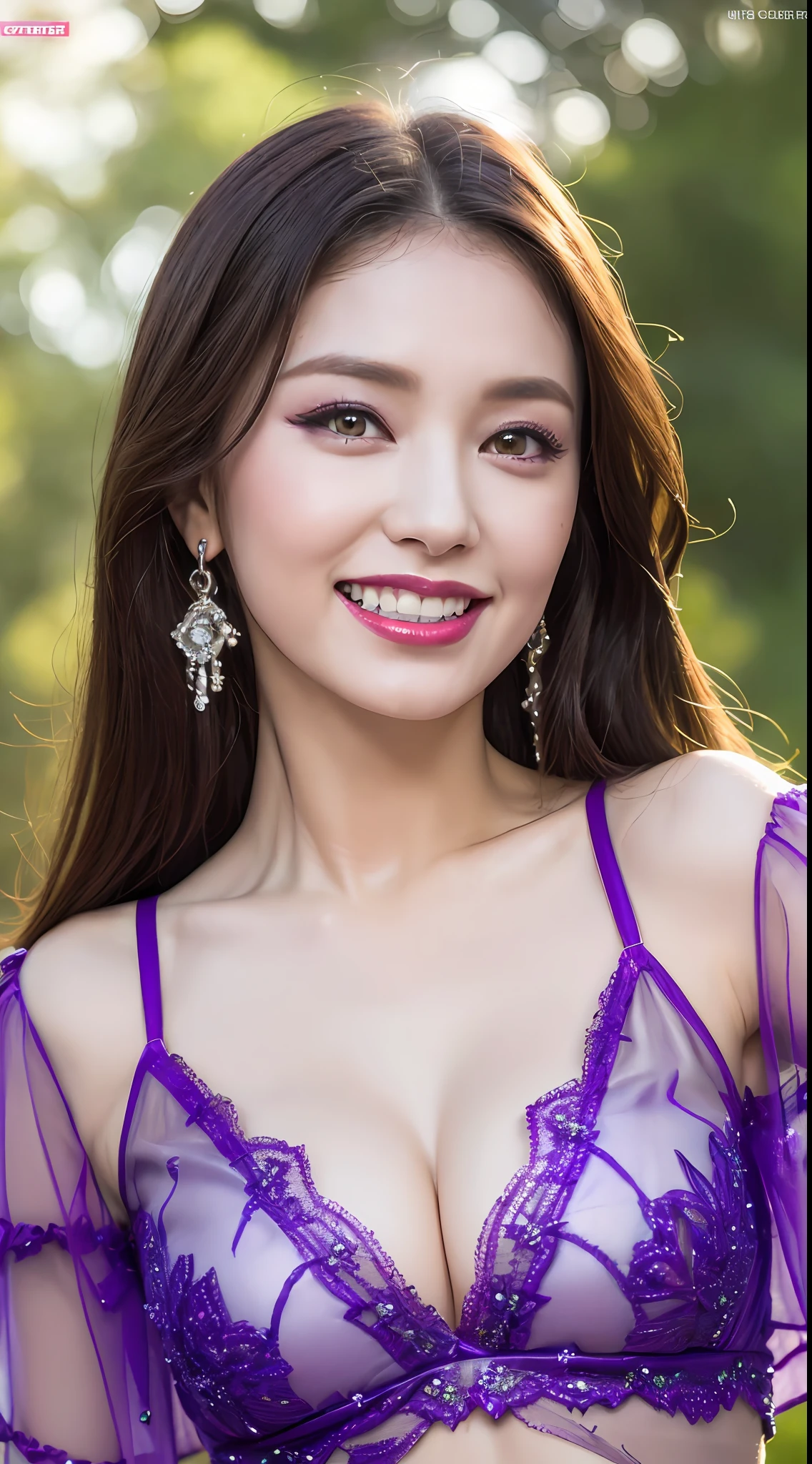 ((8k best quality, masterpiece: 1.3), 1 beauty, slender abs: 1.3, (chest layer cut: 1.2), purple see-through dress: 1.1, ultra-detailed face, detail of eyes and double eyelids, upper eyes, underwear, grin & sad look, red lip, hanging eyes,