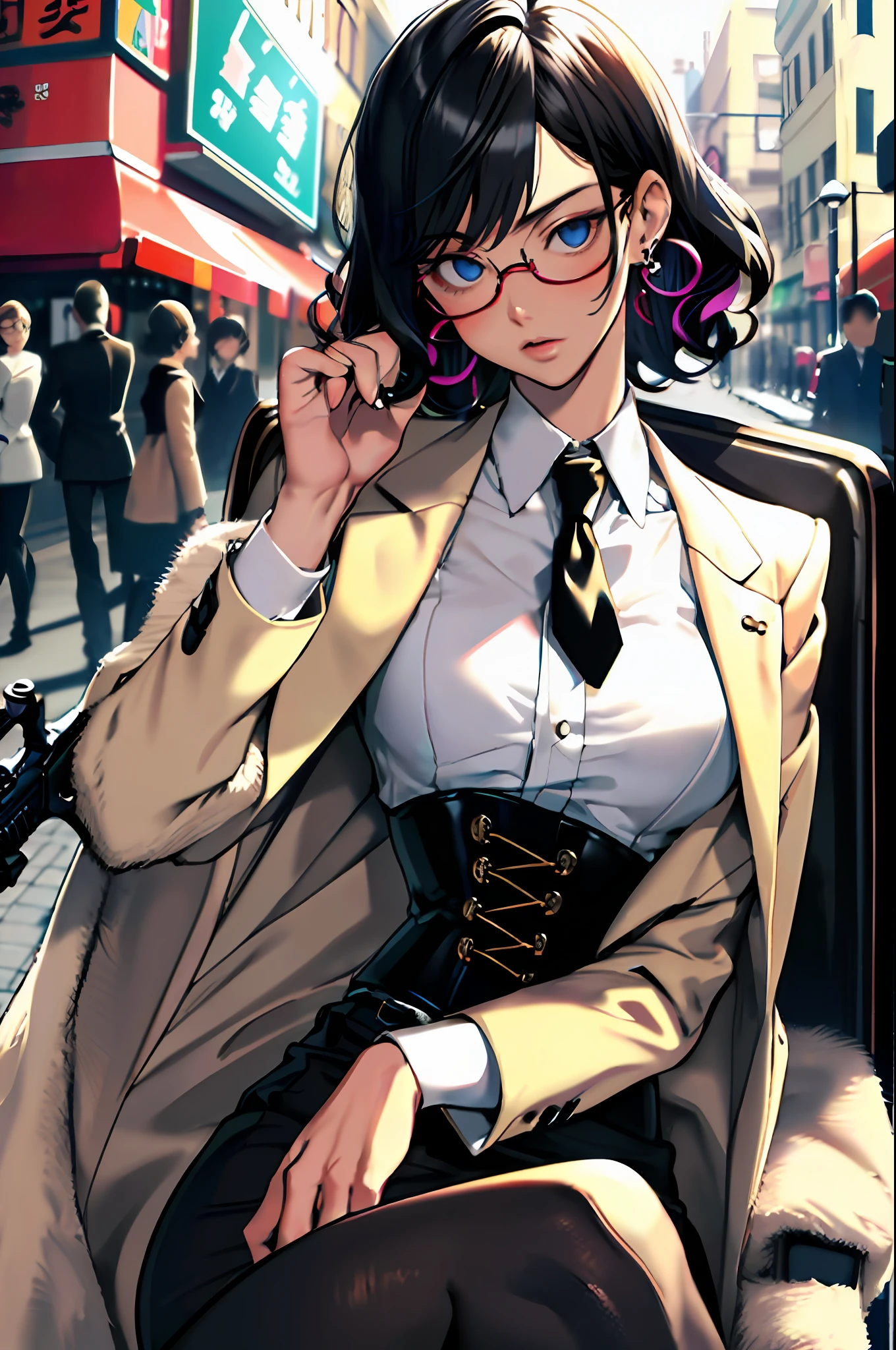 Masterpiece, top quality, (1 person: 1.3), 25 years old, short hair, color tips, curly hair, colored glasses, earrings, gun, tie, topless, corset, mafia style, handcuffs, lap coat, street, from above, (Dutch angle, fisheye), lens flare, depth of field, osaka