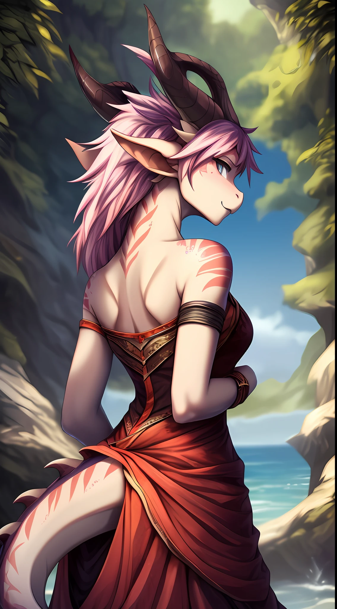 (dragon), woman, antrum, raw photo, 1girl, solo, small breasts, slim body, far, small body, armbands, multicolored hair, horns, dress, dragon horns, anime, anime style, high quality, best quality, textured skin, realistic, back,