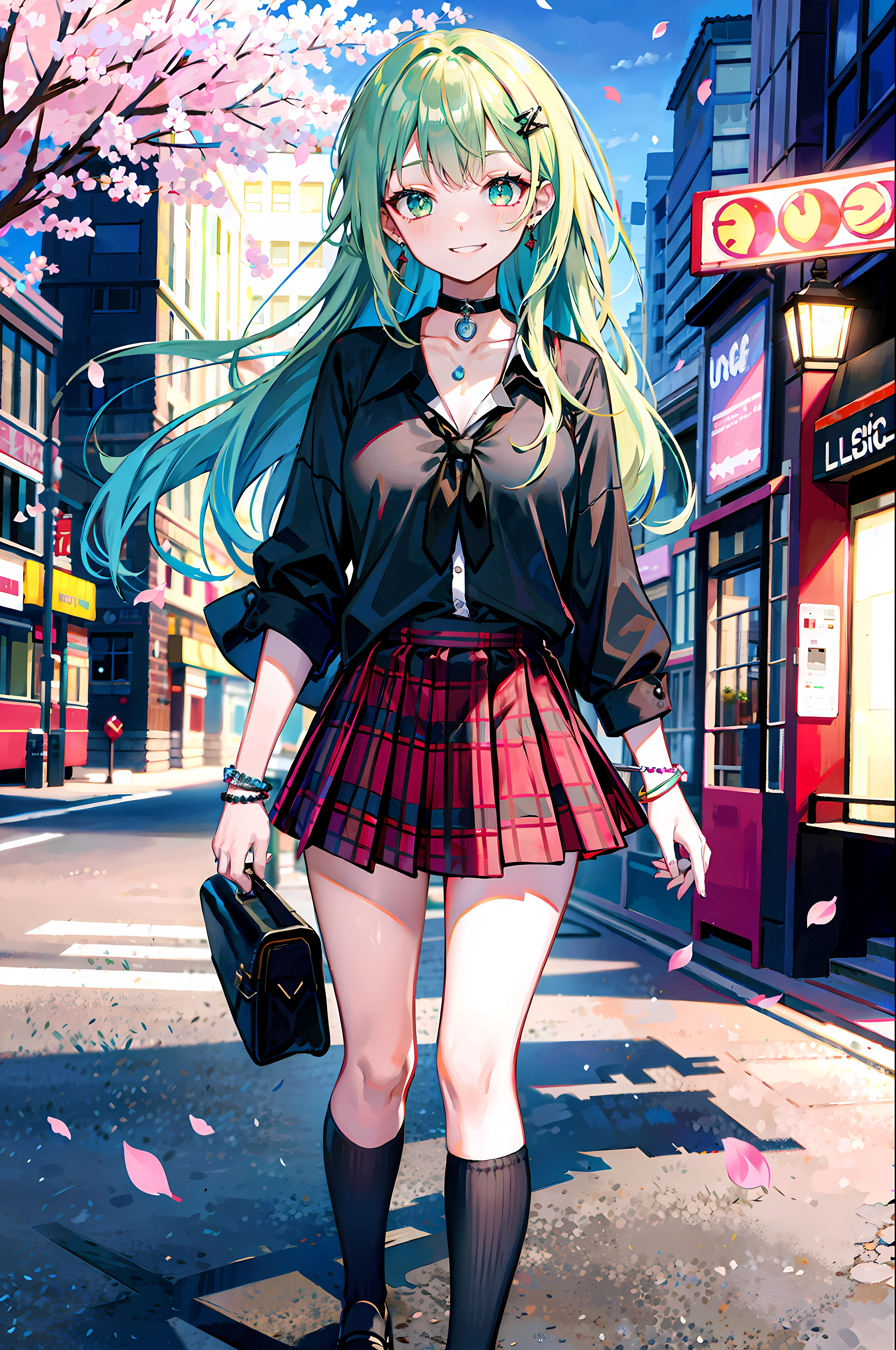 Evening time, masterpiece, best quality, full body, 1girl, bangs, black choker, black tie, blonde hair, blush, bracelet, chest, choker, collarbones, collared shirt, ear piercing, eyebrows visible through hair, (gradient green hair), grin, gyaru, jewelry, kogal, long hair, looking at the viewer, loose tie, tie, piercing, (black skirt), pleated skirt, green eyes, ring, shirt, skirt, smile, solo, (red plaid shirt), street, sky, cherry blossoms, petals, illustration, fashionable, woman, bright, outfit, posing, frontal, colorful, dynamic, background, elements, confident, expression, holding, statement, accessory, majestic, rolled, around, touch, scene, bold, eye-catching, stylish, catchy, larger, brighter, modern, fashionable, focus, fashion
