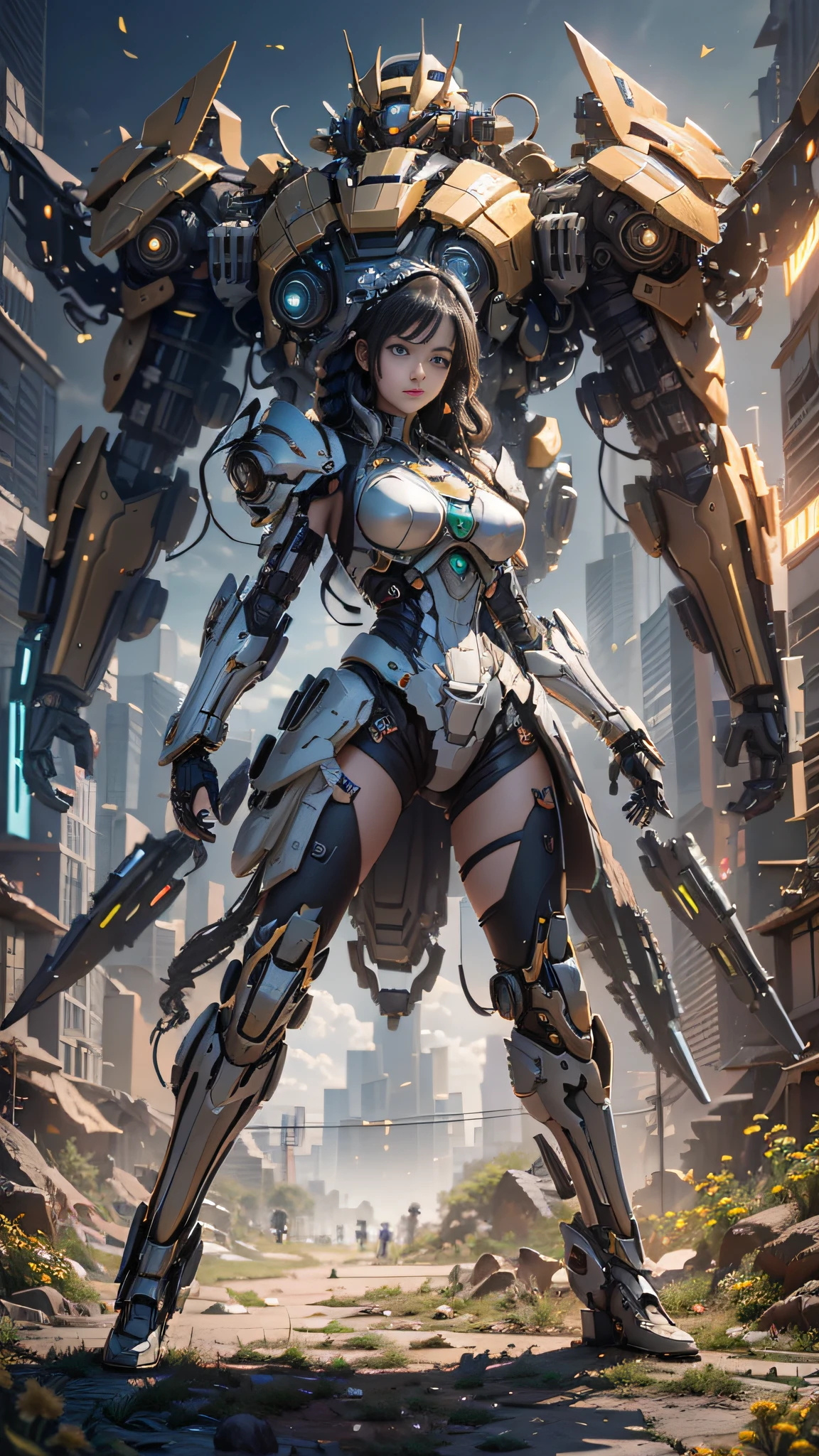 (Best Quality)), ((Masterpiece)), (Very Detailed: 1.3), 3D, Icaru valkirie-mecha, Beautiful cyberpunk woman wearing crown, with master chef style armor, sci-fi technology, HDR (High Dynamic Range), ray tracing, nvidia RTX, super resolution, unreal 5, subsurface scattering, PBR texture, post-processing, anisotropic filtering, depth of field, maximum sharpness and sharpness, multi-layer texture, Specular and albedo mapping, surface shading, accurate simulation of light-material interactions, perfect proportions, octane rendering, duotone lighting, low ISO, white balance, rule of thirds, wide aperture, 8K RAW, high efficiency subpixels, subpixel convolution, light particles, light scattering, Tyndall effect, very sexy, full body, battle pose, black hair with braids,