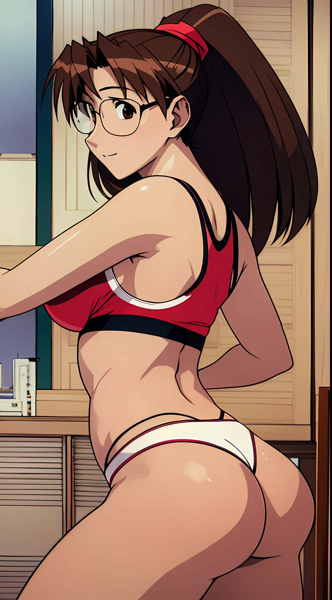 Koyomi Mizuhara, brown hair, long hair, ponytail, glasses, tall girl, gym shirt, breasts, fit body, slim waist, medium ass, tight biker short, thong top of biker short leggings, bra, plump ass cheeks, fit body, slim figure, thirst trap, Nsfw, ecchi, erotic, rule 34, gelbooru, 1998 photo-shoot, ass cheeks, sensual, sexy photos, nice view, smirking for attention, sexy slim figure, side view, sexy big firm butt/ass, set 8 sensual edition