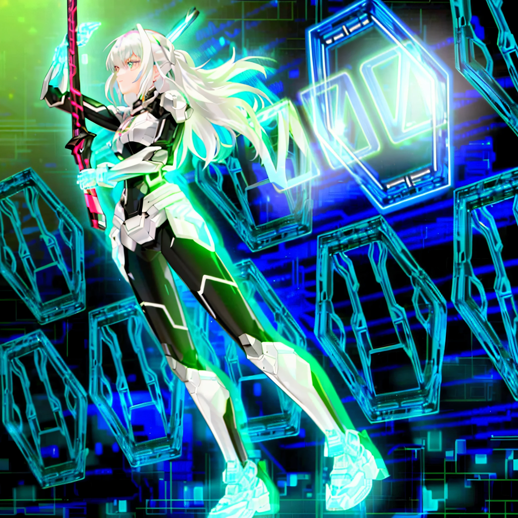 a close up of a person holding a sword in a neon lit room, holographic blade!, cybernetic wallpaper, clothed in cyber armour, cyber japan armor, cyber fight armor, cyborg - girl with silver hair, cyber armour, anime cyborg, gear aurora, cyber japan style armor, neon armor, cyber armor, girl in mecha cyber armor