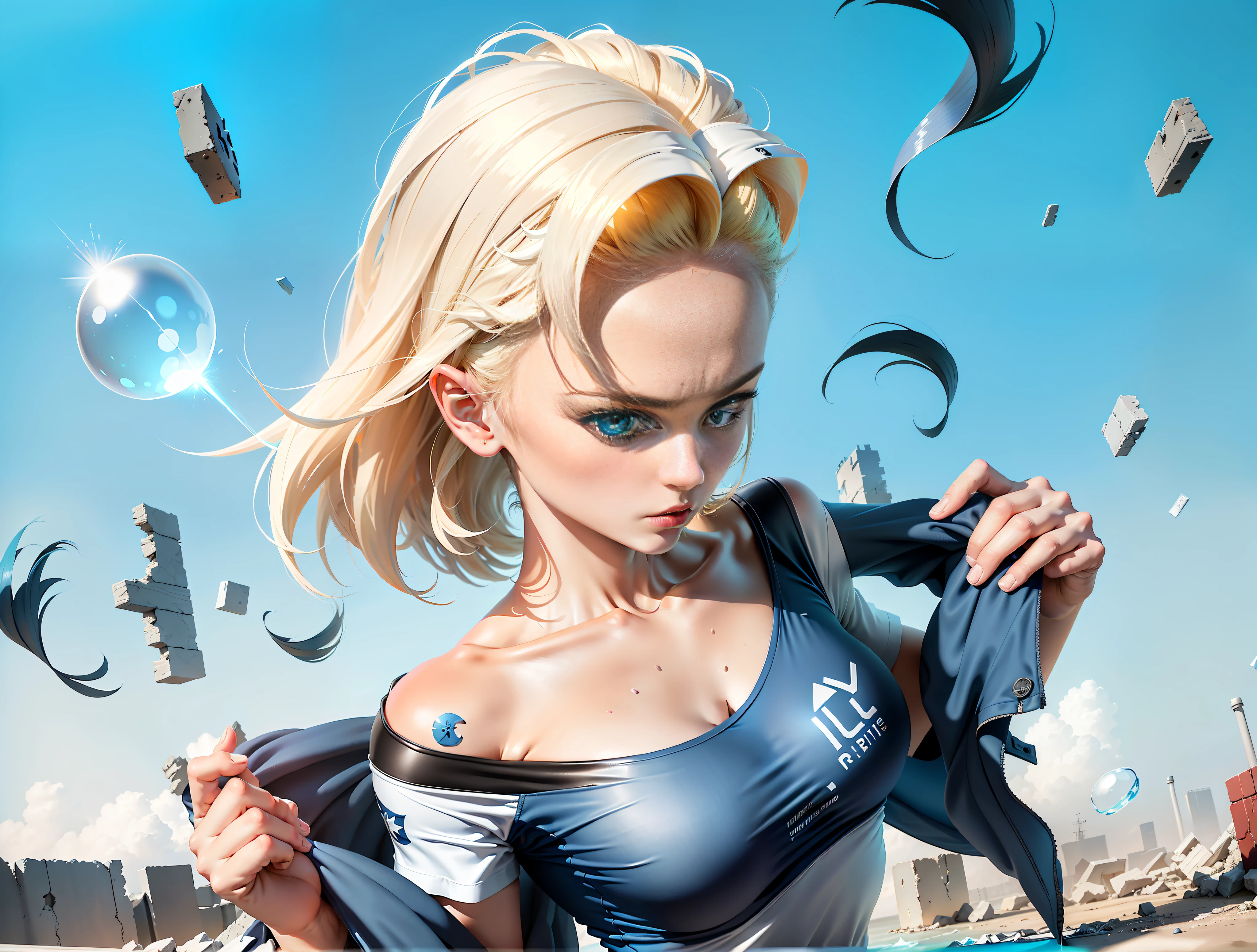 A stylish one-man summer sports T-hug design full of bubbles and fluffy feeling, 1 girl, short blonde hair, blue eyes, grim expression, blue coat, black underwear, breasts, super figure, tear blue coat action, realistic, super live-action style, live-action photography, light and shadow, real ruins background, cyberpunk ((white ocean blue: 1.3) + (fashion: 1.1) + (trendy: 1.2)), (nike logo), (corona rendering), (( Summer Sports T-Concept + Conceptual Art Design): 1.3), (8K:1.3), (2:3 aspect ratio + warm color Q2), (750 pixels), ((Fashion elements) :(1.1 + white navy blue T-shirt blended with fashion elements)), (Dynamic: 5)
