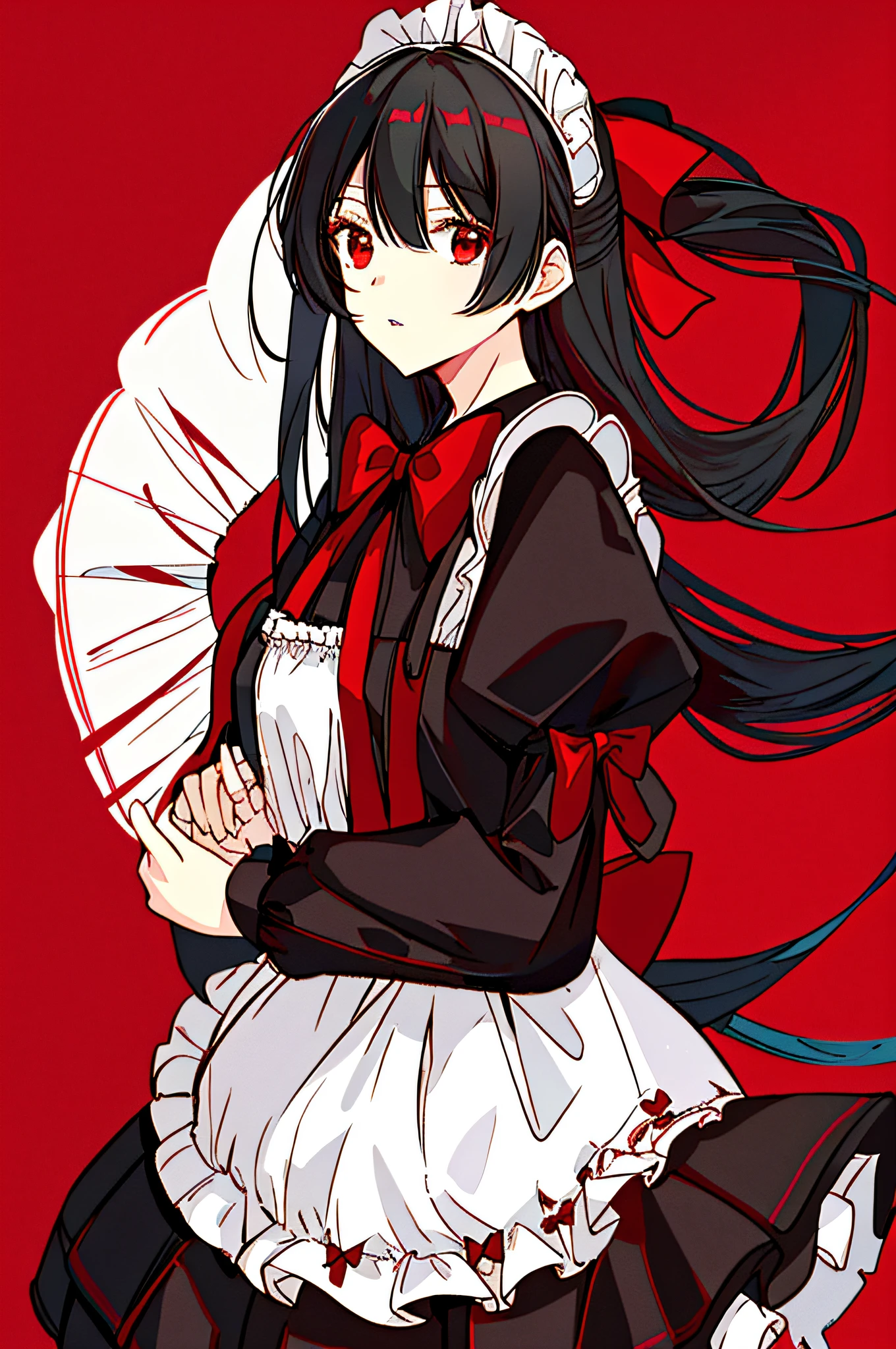 1girl, solo, red eyes, long hair, red background, maid, maid headdress, black hair, apron, simple background, looking at viewer, long sleeves, dress, parted lips, maid apron, puffy sleeves, juliet sleeves, bangs, bow, very long hair, white bow, hair between eyes